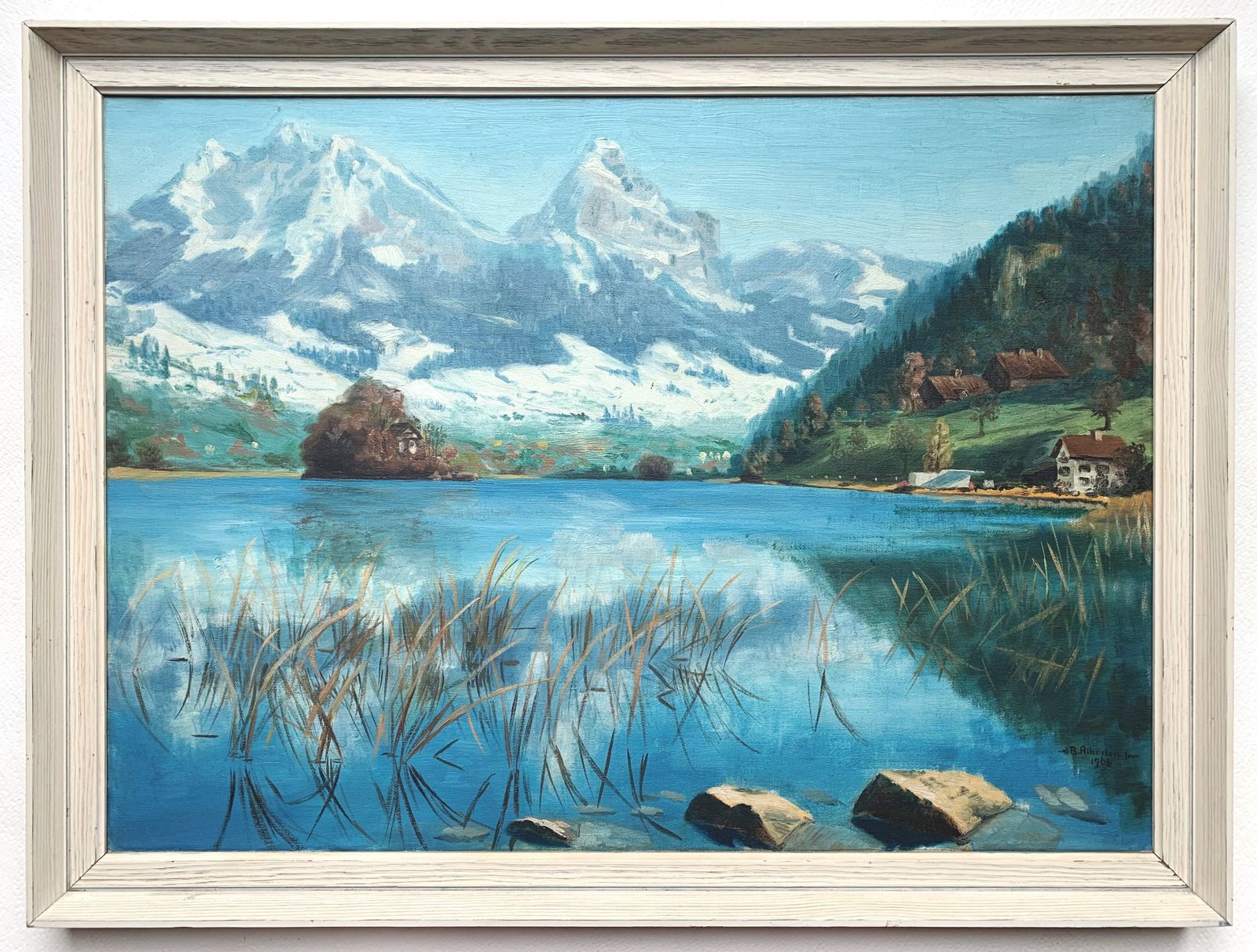 Original Mid Century Oil On Canvas Painting Of An Alpine Lake Scene, Signed And Dated For 1964 photo furniture