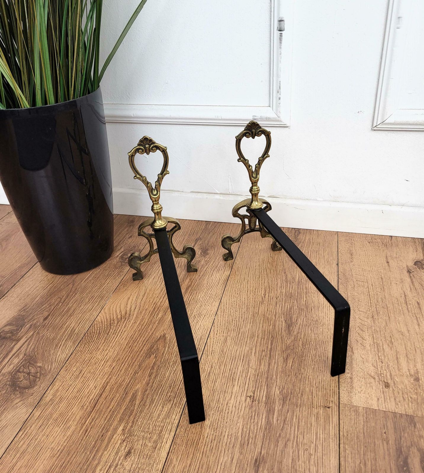 Italian Brass And Wrought Iron Pair Of Andirons Log Holder photo 689.0