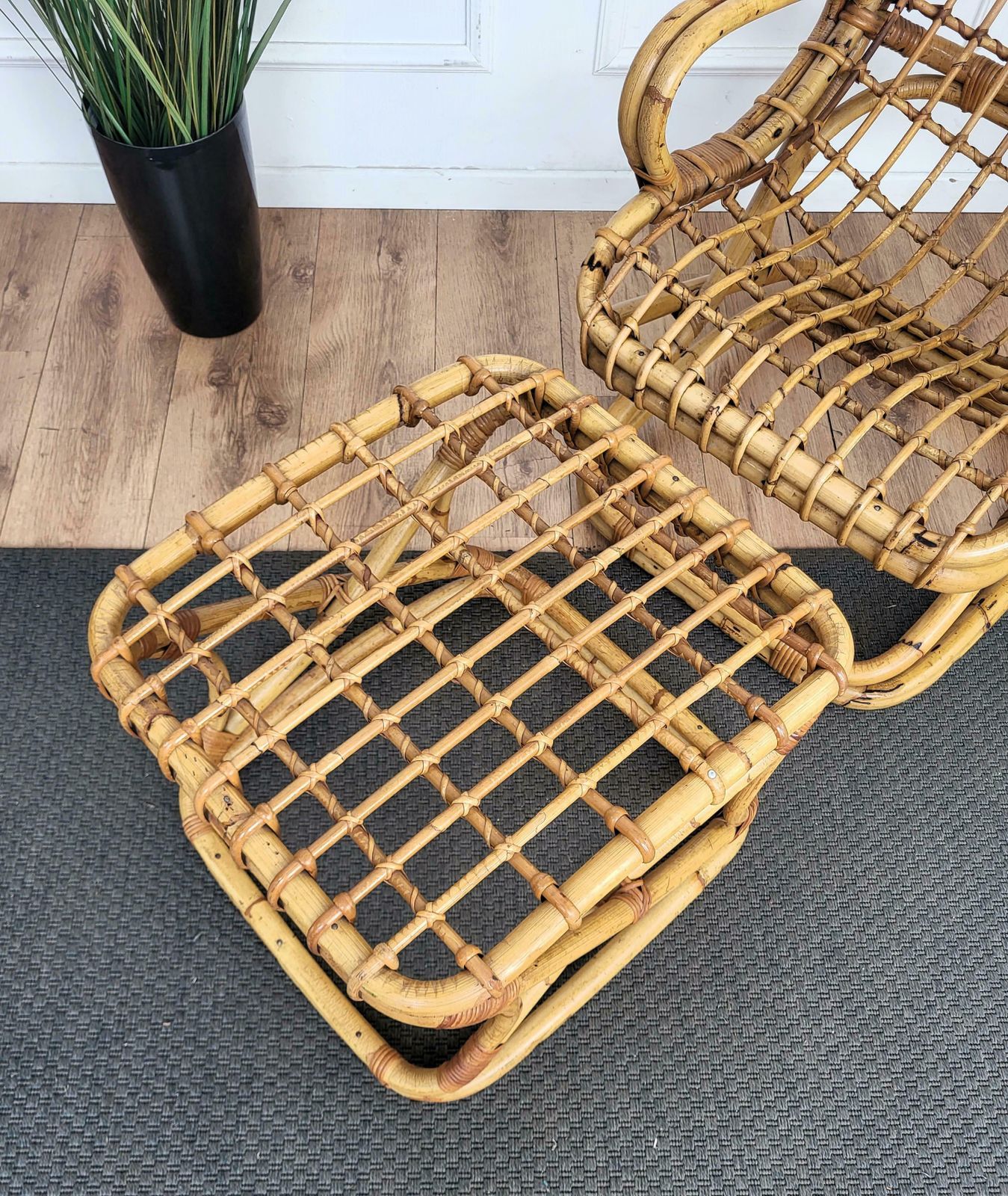 1960s, Italian Bamboo Rattan Bohemian French Riviera Lounge Chair Ottoman photo vintage
