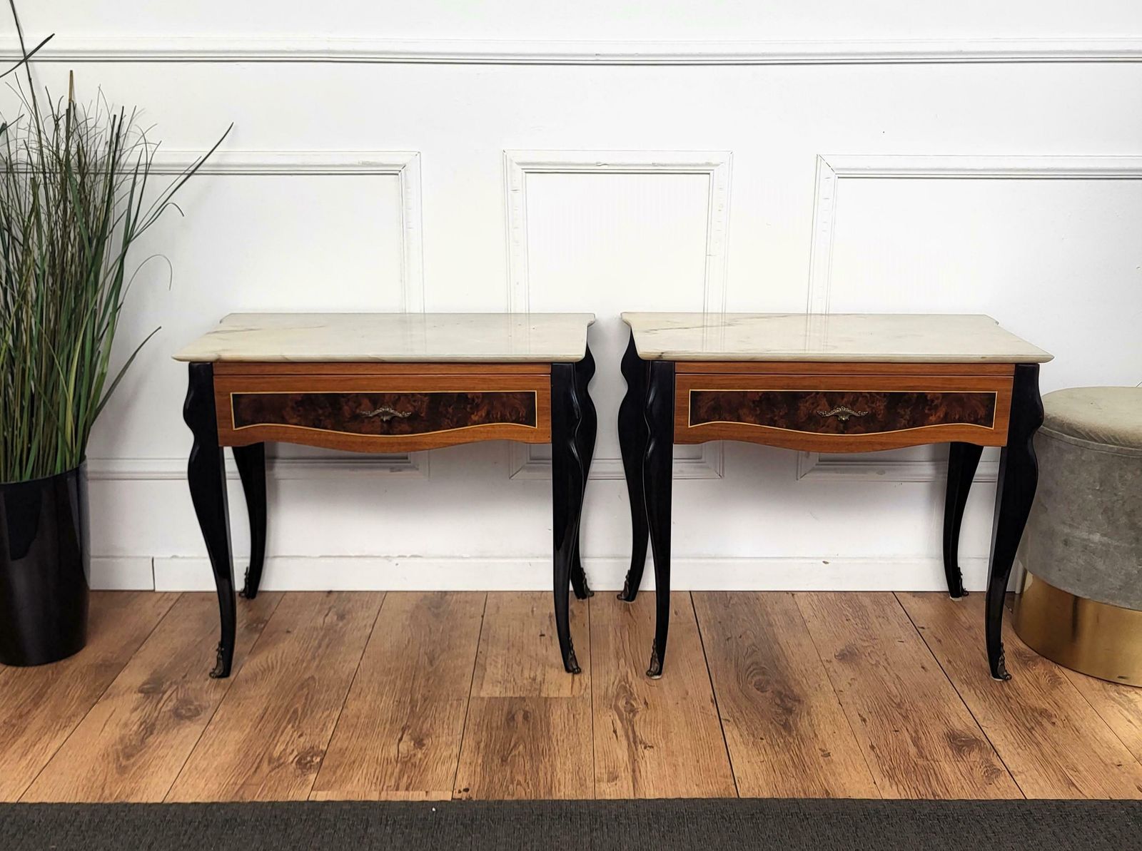 Pair Of Italian Art Deco Marquetry Wood Marble Top Night Stands Bedside Tables photo Furniture