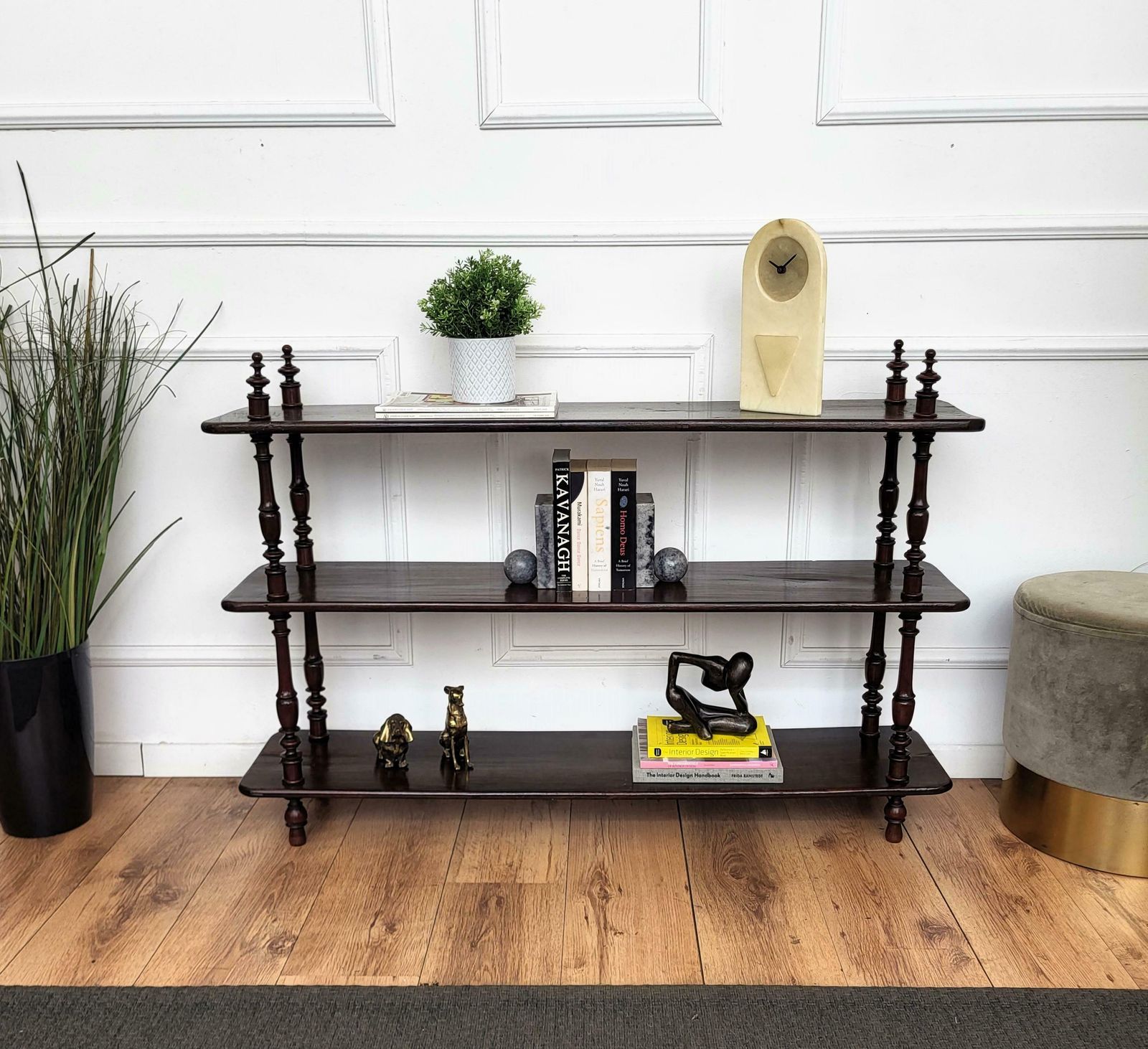Antique Italian Carved Walnut Wood Three Shelves Open Bookcase Library Etagere photo furniture