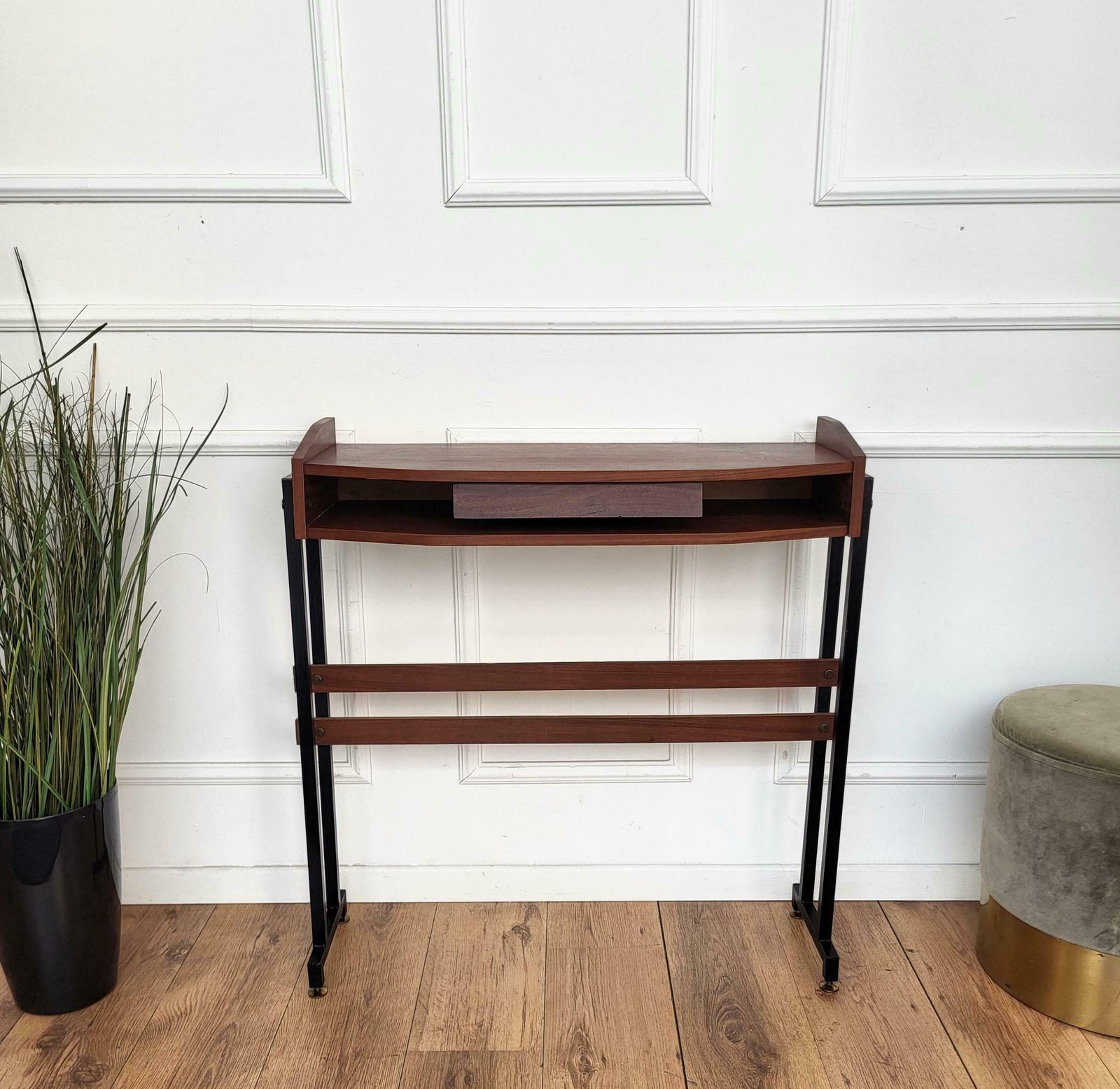 50s Mid Century Modern Italian Metal Base Brass Feet Teak Wood Console Table photo 1507.0
