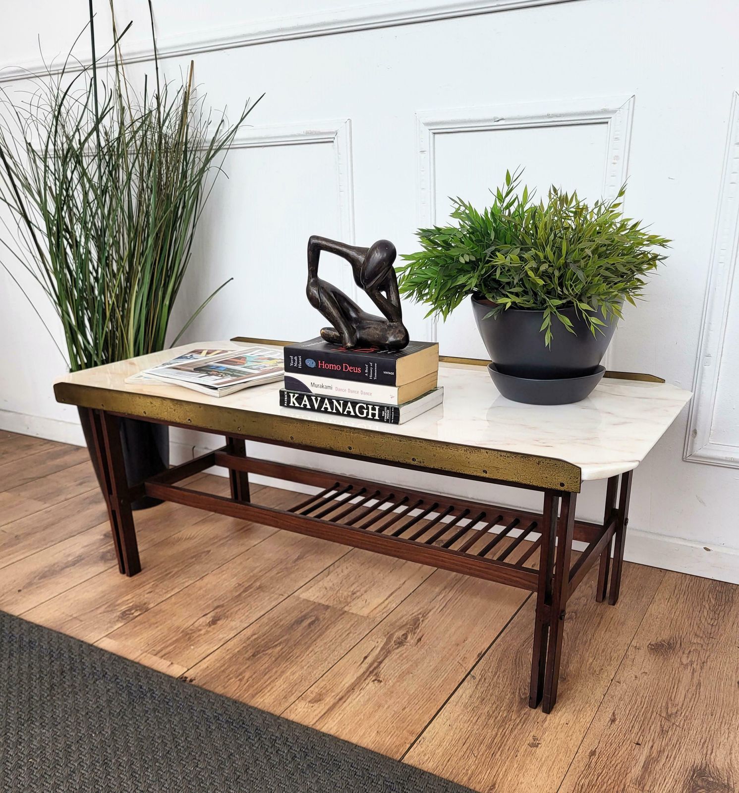 1960s Italian Mid Century Modern Marble Brass And Wood Cocktail Coffee Table photo furniture
