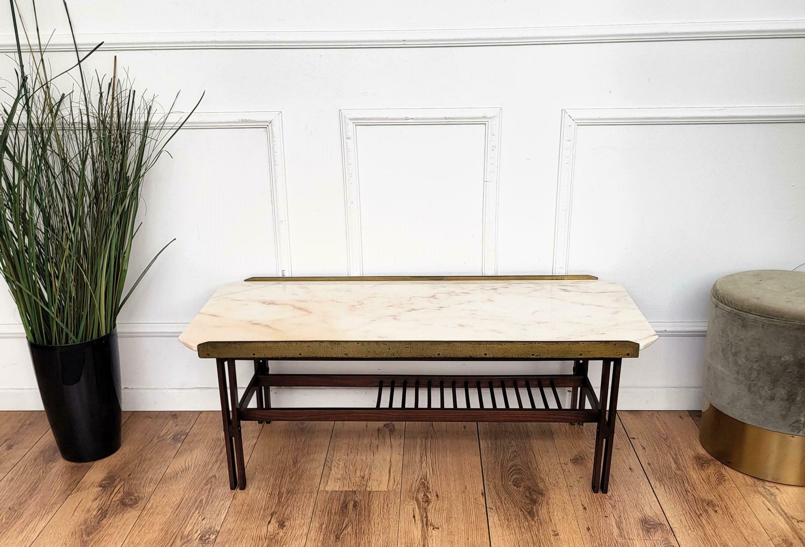 1960s Italian Mid Century Modern Marble Brass And Wood Cocktail Coffee Table photo 1722.0