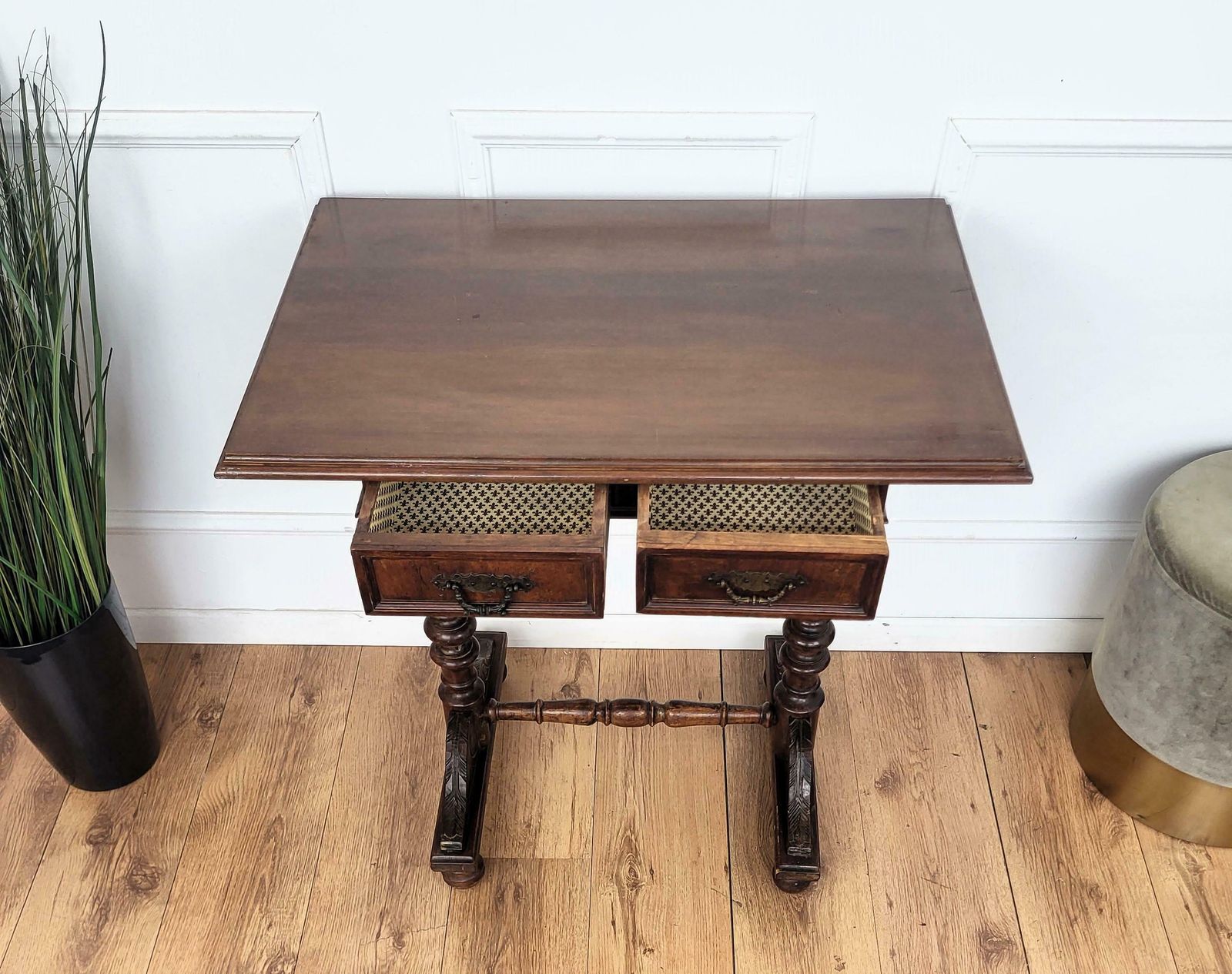 Antique French Side Table Writing Desk Oak Beveled Top Carved Decorated Legs photo 1291.0