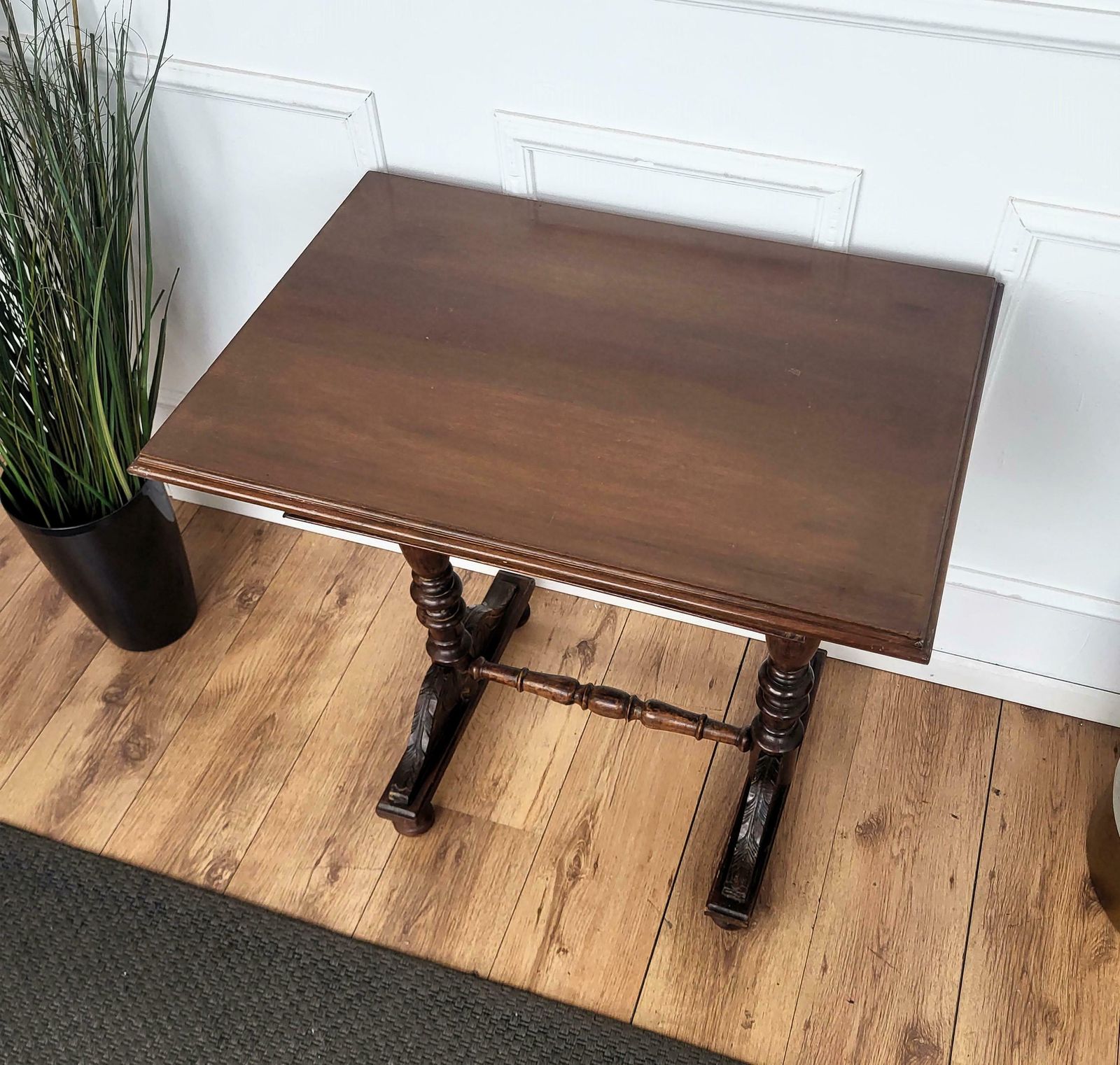 Antique French Side Table Writing Desk Oak Beveled Top Carved Decorated Legs photo vinterior