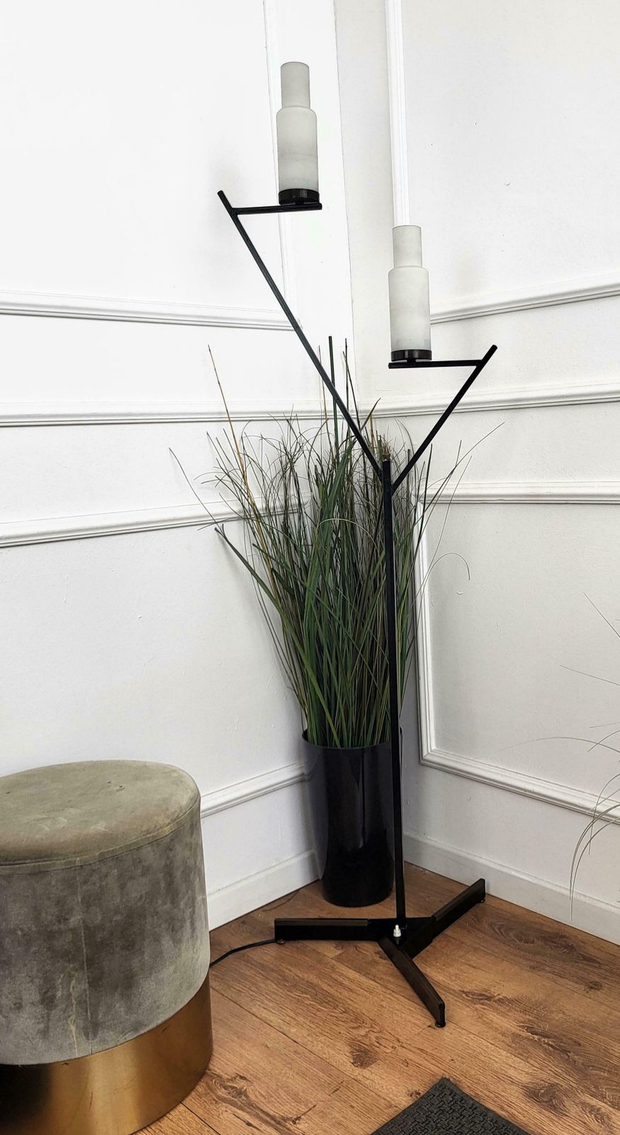 Italian Art Deco Mid Century Black Metal Gilt Brass Opaline Glass Floor Lamp photo furniture