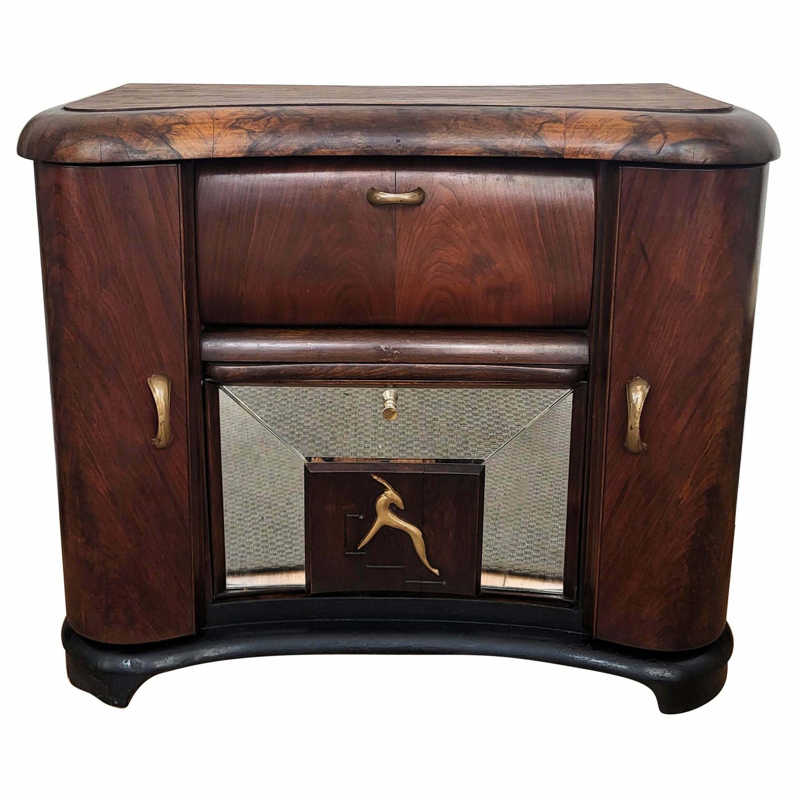 Italian 1950s Art Deco Mid Century Walnut Burl And Mirror Mosaic Dry Bar Cabinet