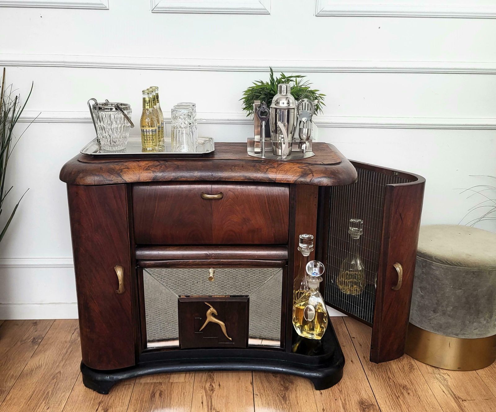 Italian 1950s Art Deco Mid Century Walnut Burl And Mirror Mosaic Dry Bar Cabinet photo vinterior