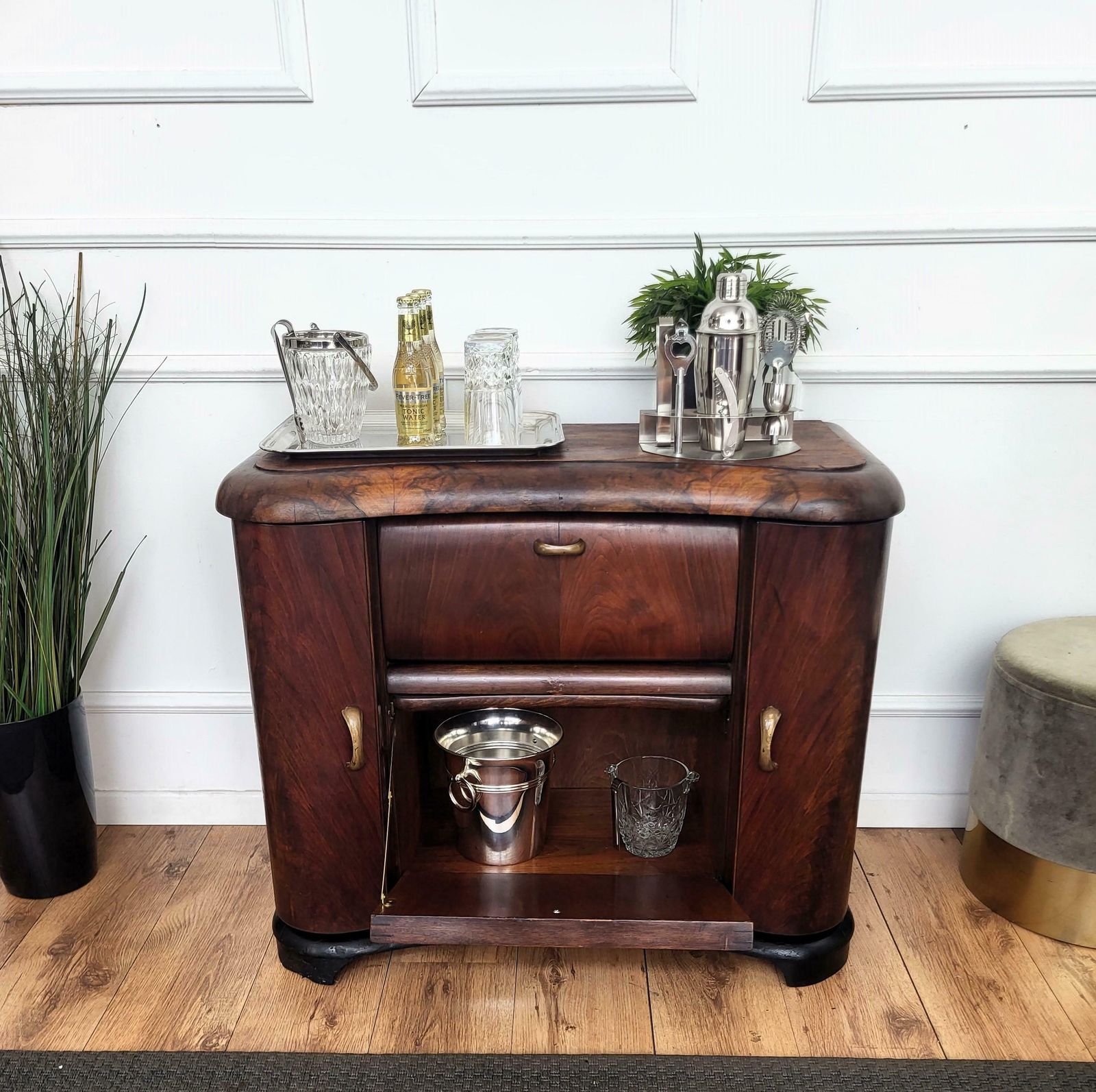 Italian 1950s Art Deco Mid Century Walnut Burl And Mirror Mosaic Dry Bar Cabinet photo vintage