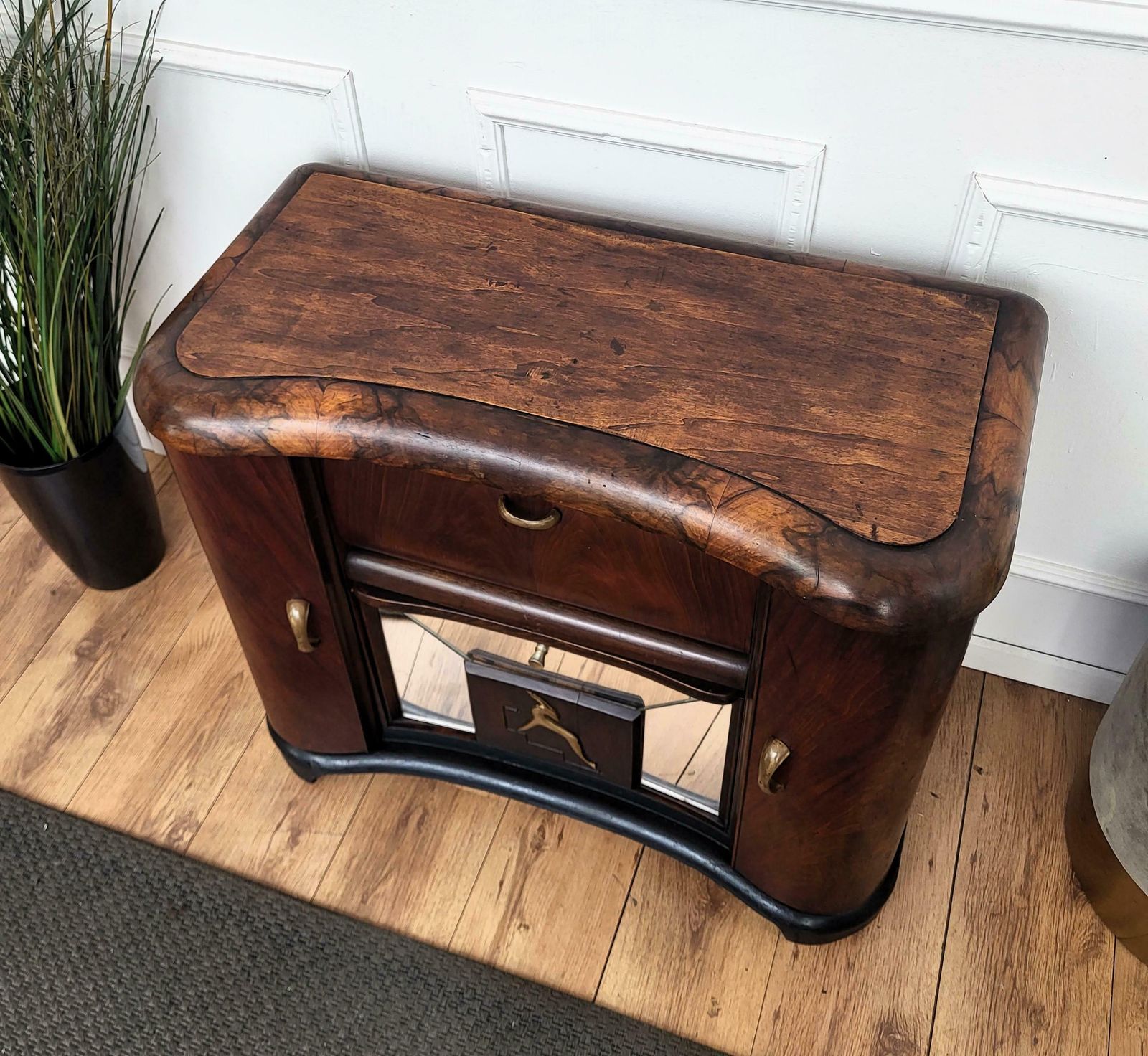 photo furniture Italian 1950s Art Deco Mid Century Walnut Burl And Mirror Mosaic Dry Bar Cabinet