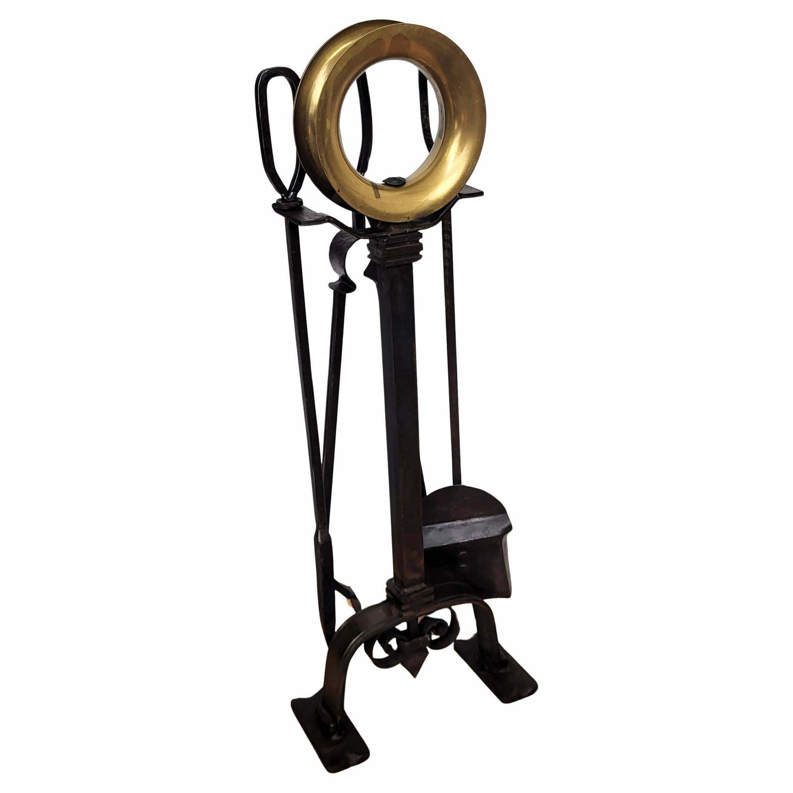 Italian Three Piece Brass Vintage Fireplace Fire Tool Set With Stand