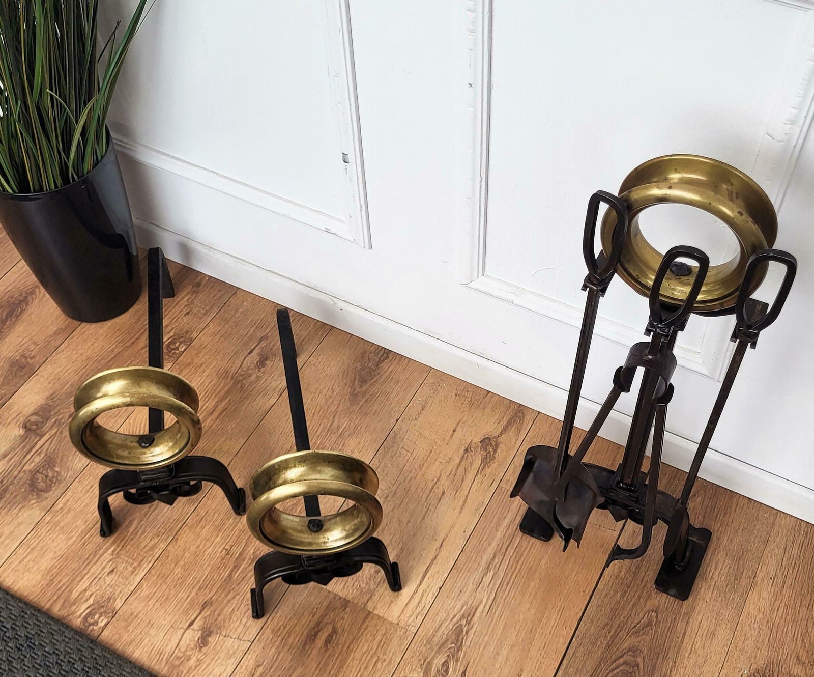 Italian Three Piece Brass Vintage Fireplace Fire Tool Set With Stand photo buy