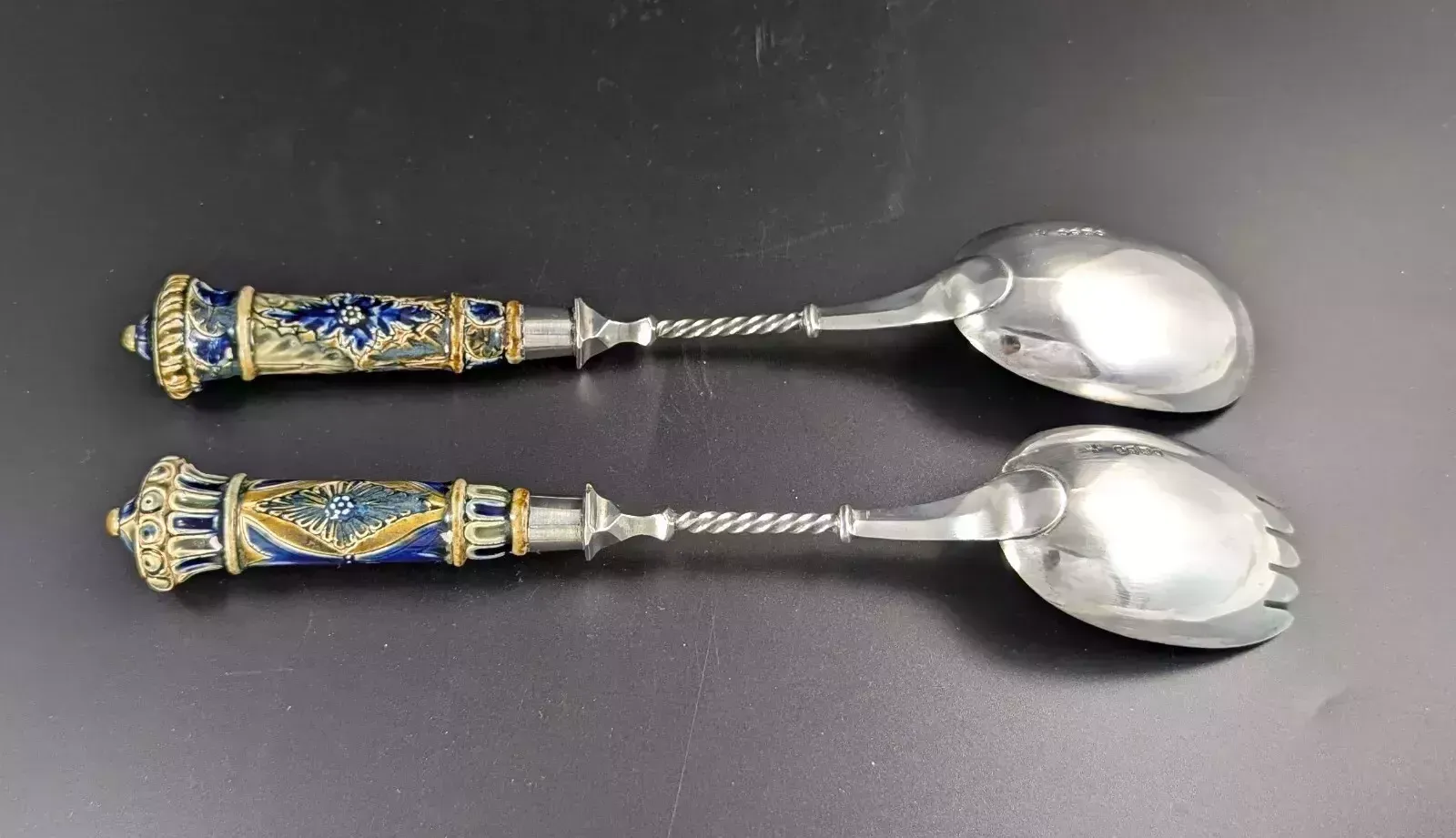 photo furniture Antique Set Of Doulton Lambeth Salad Bowl And Silver Servers, C. 1877   Rare