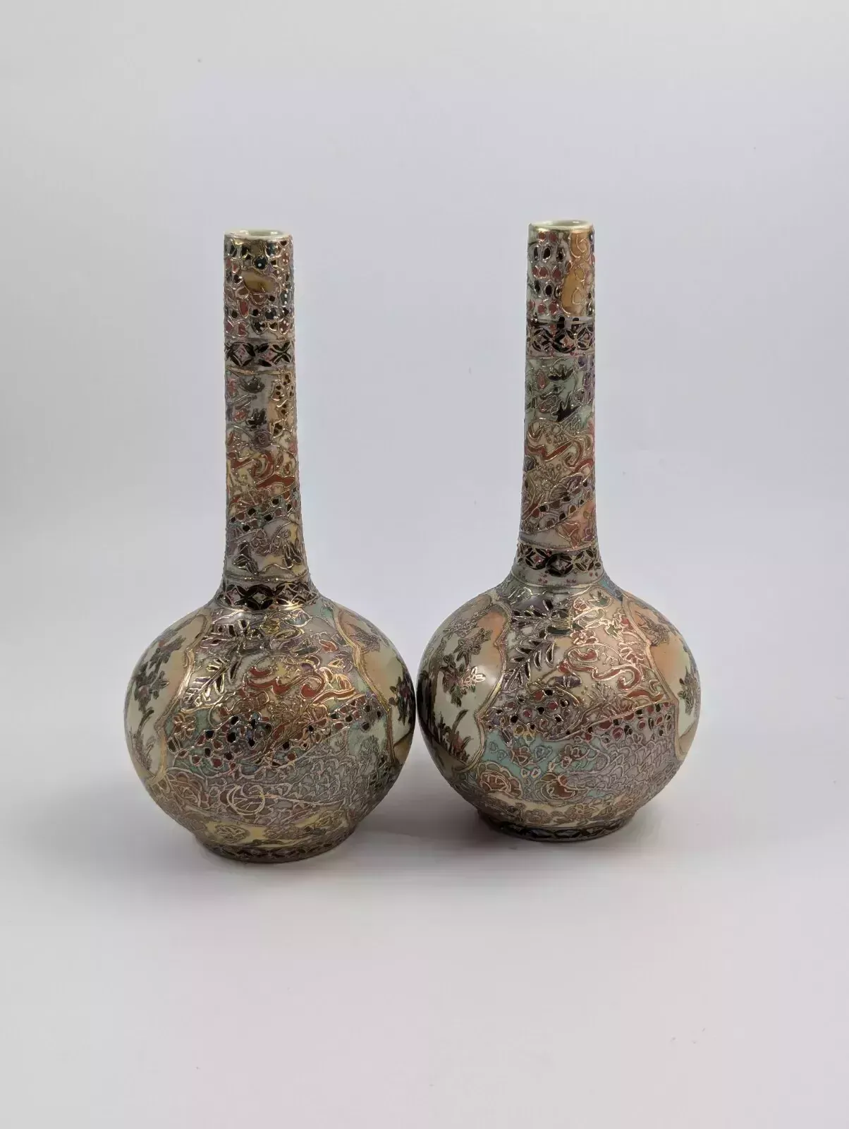 Antique Handpainted Bud Vases, Satsuma, Signed By Gyokushū, Meiji Period photo 350.0