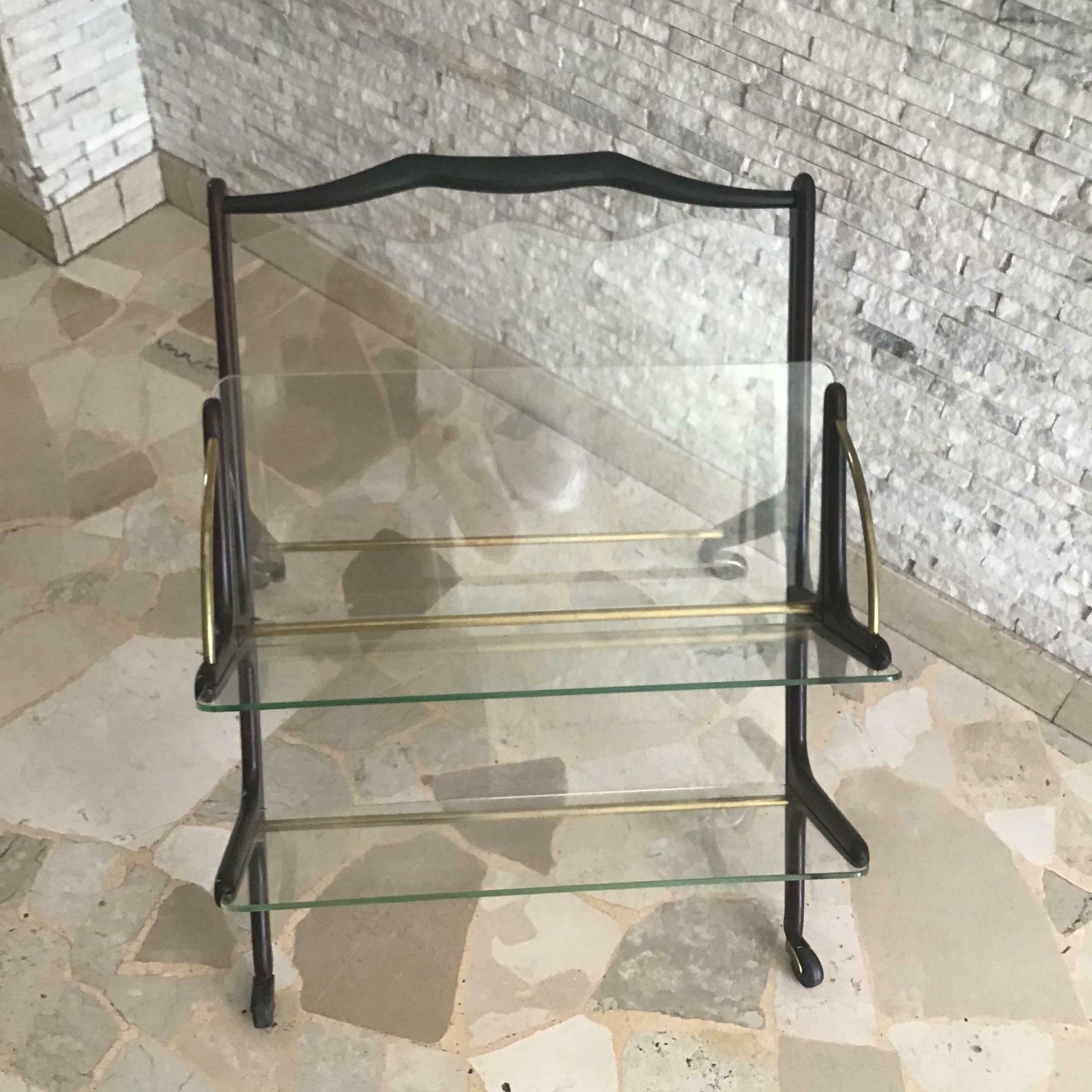 Ivo Parisi Magazine Rack  With Wheels Three Compartments Brass Wood Glass 1950 Itali photo furniture