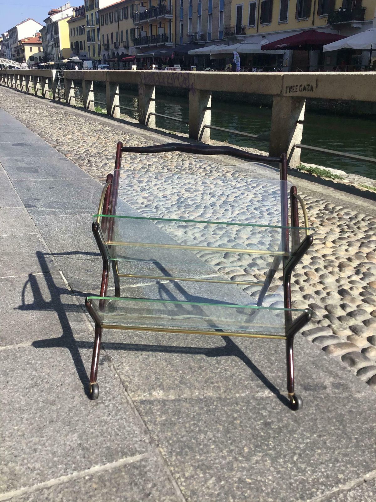 Home Decor Ivo Parisi Magazine Rack  With Wheels Three Compartments Brass Wood Glass 1950 Itali photo