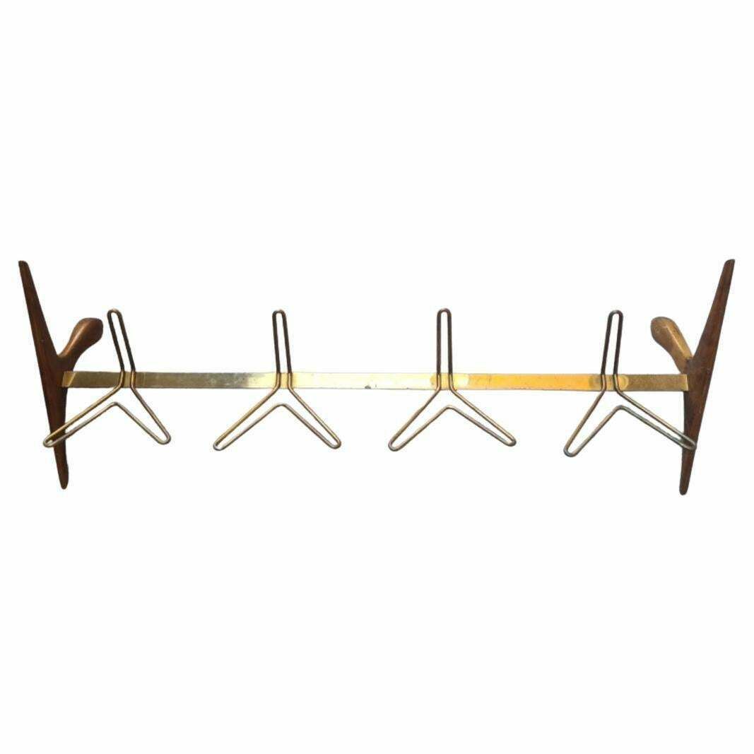 Ico Parisi Wall Mounted Coat Rack. Brass Wood Glass 1950s Italy