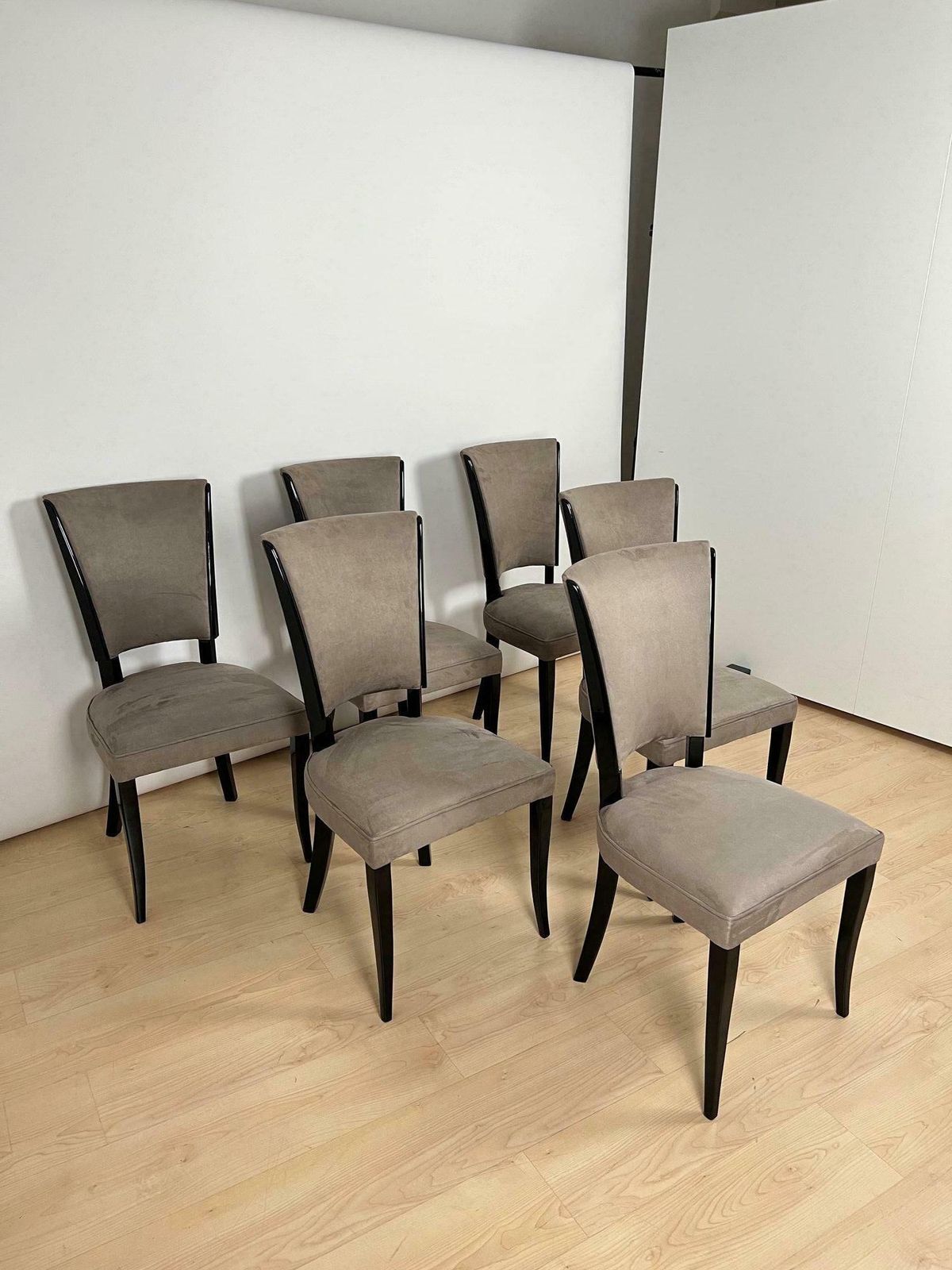 Set Of Six Art Deco Chairs, Black Lacquer, Grey Alcantara, France Circa 1930 photo vinterior