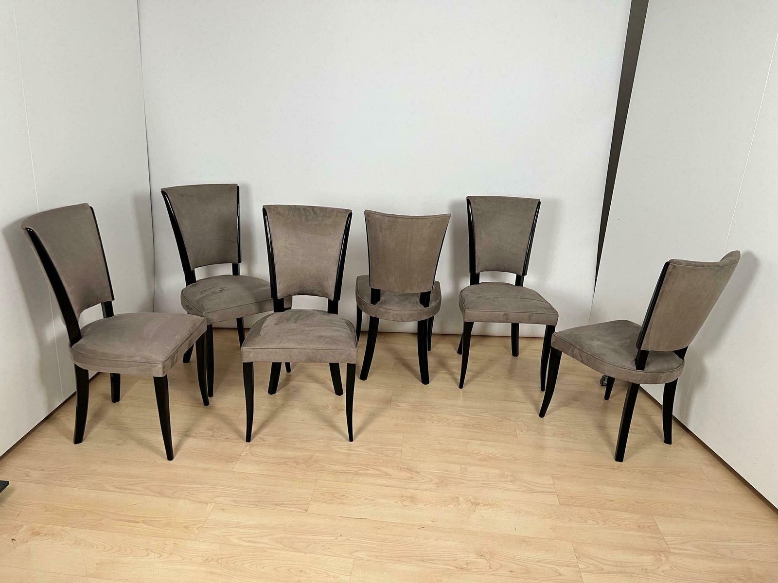Set Of Six Art Deco Chairs, Black Lacquer, Grey Alcantara, France Circa 1930 photo buy