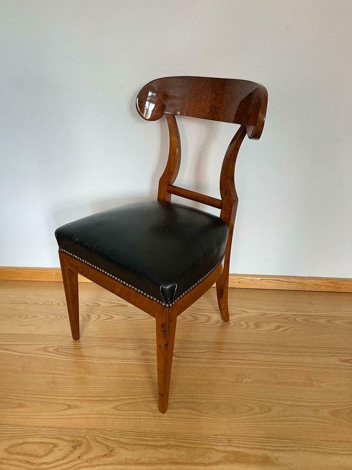 Furniture Biedermeier Shovel Chair, Walnut Veneer, Black Leather, Austria Circa 1820 photo