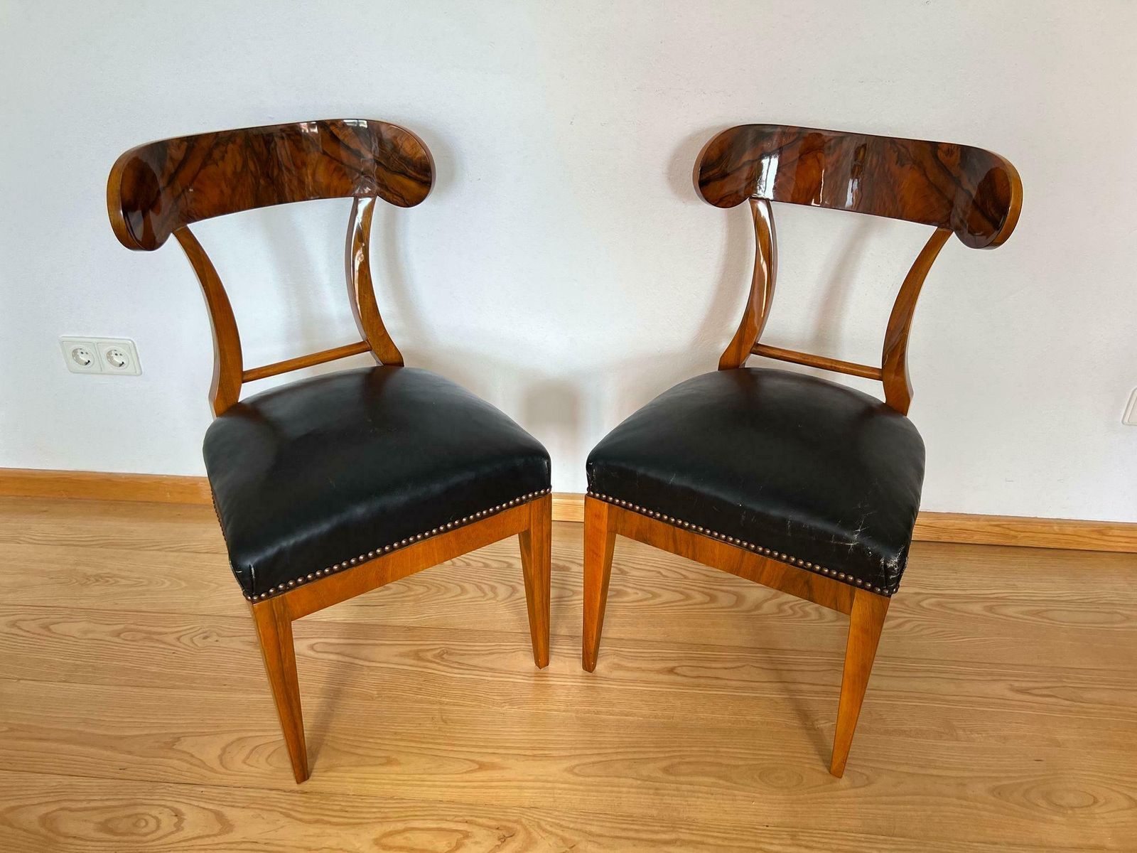 Pair Of Biedermeier Shovel Chairs, Walnut, Black Leather, Austria Circa 1820 photo for sale