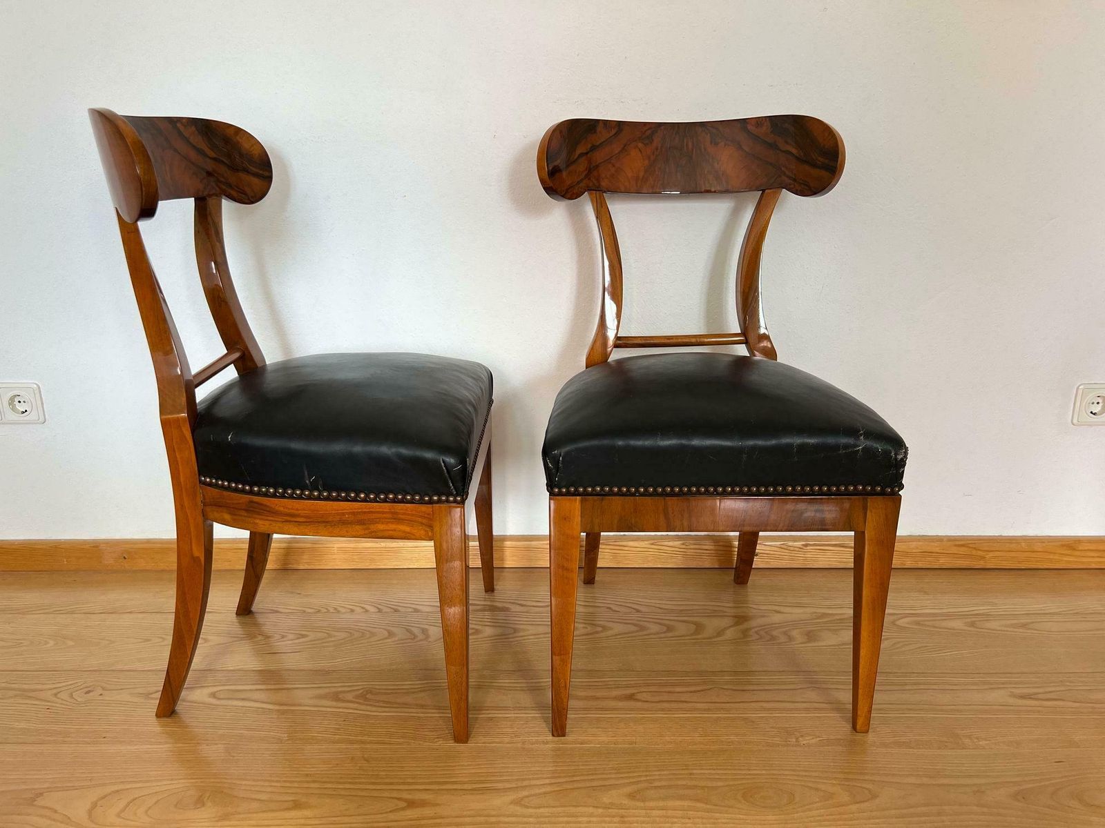 2794.52 Pair Of Biedermeier Shovel Chairs, Walnut, Black Leather, Austria Circa 1820 photo