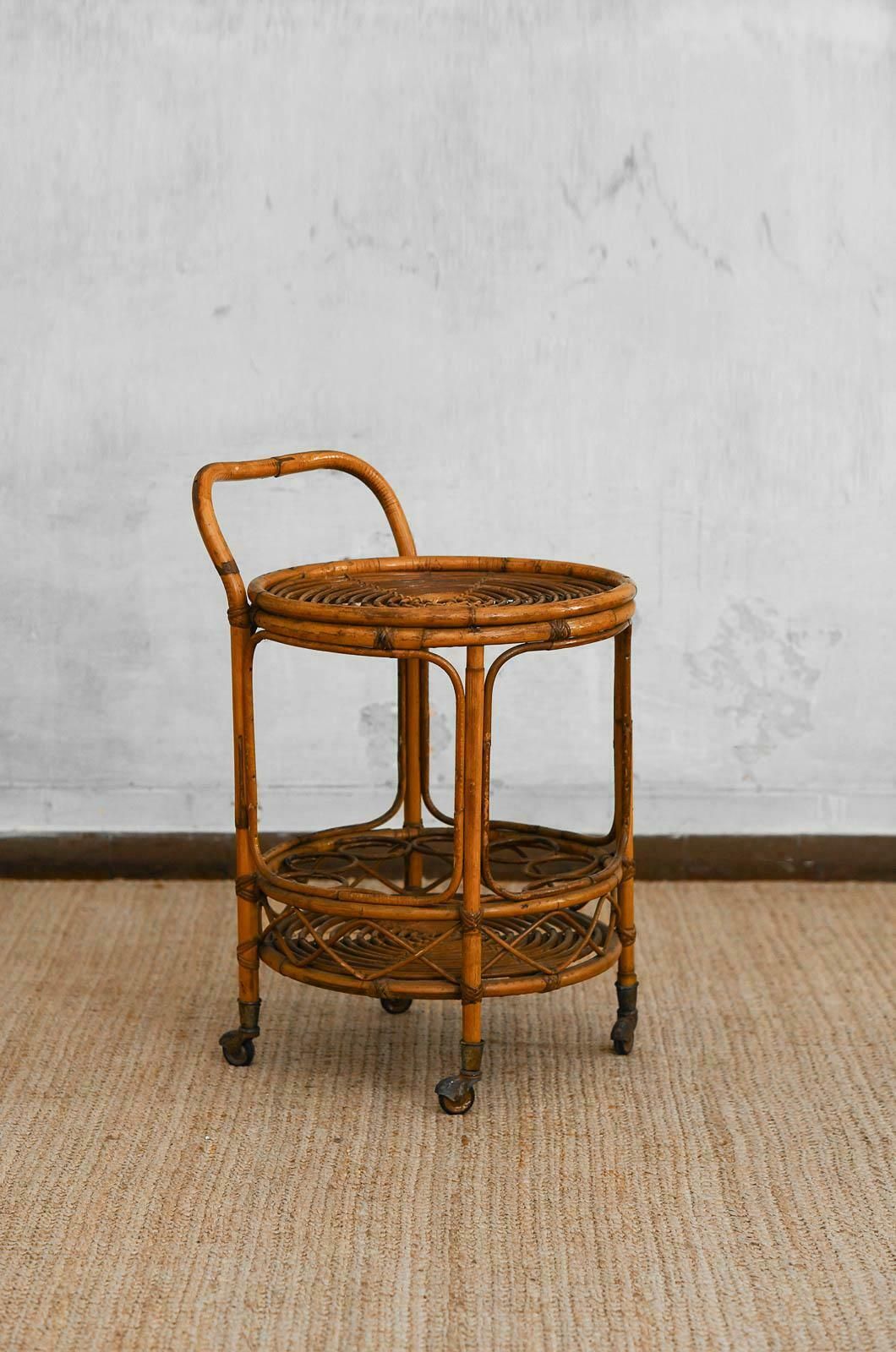Set Of Bamboo Cane Cart And Circular Side Table, 1960s photo furniture