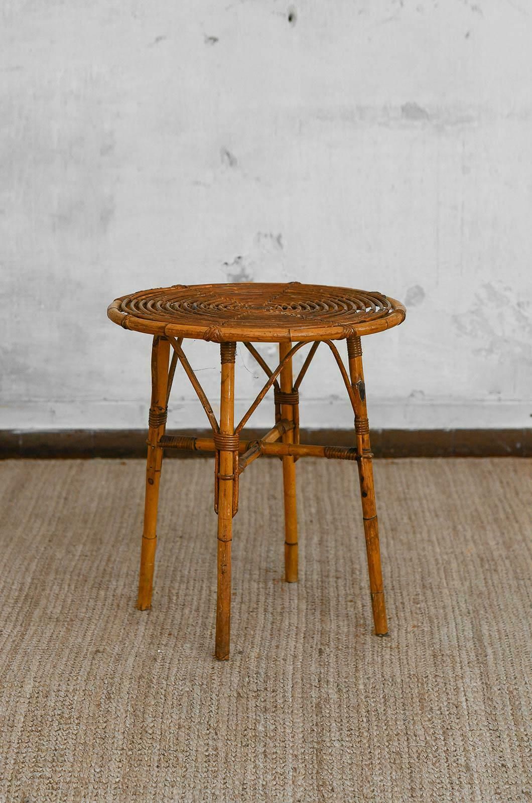 Set Of Bamboo Cane Cart And Circular Side Table, 1960s photo for sale