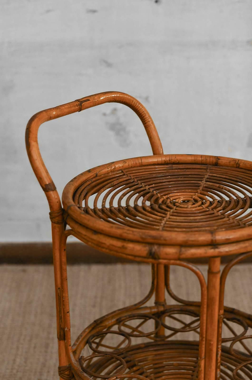 Set Of Bamboo Cane Cart And Circular Side Table, 1960s photo Furniture