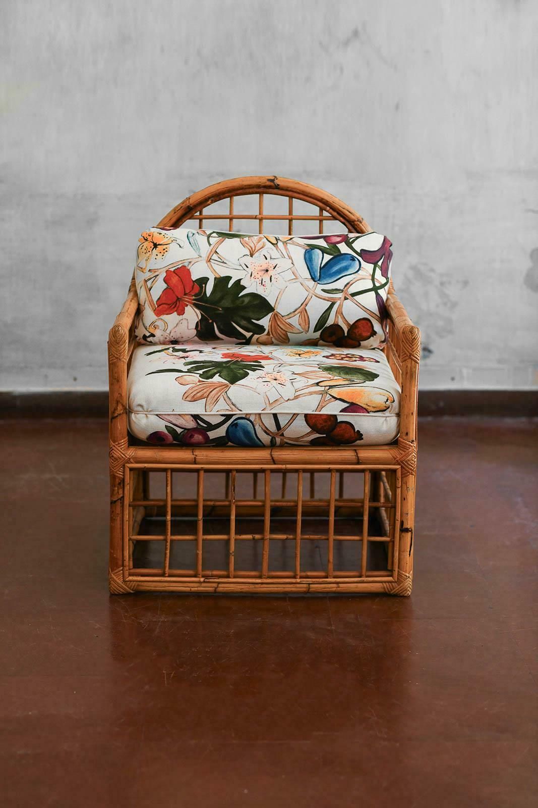 Pair Of Armchairs With Arched Backrest And Woven Bamboo, 1970s photo Furniture
