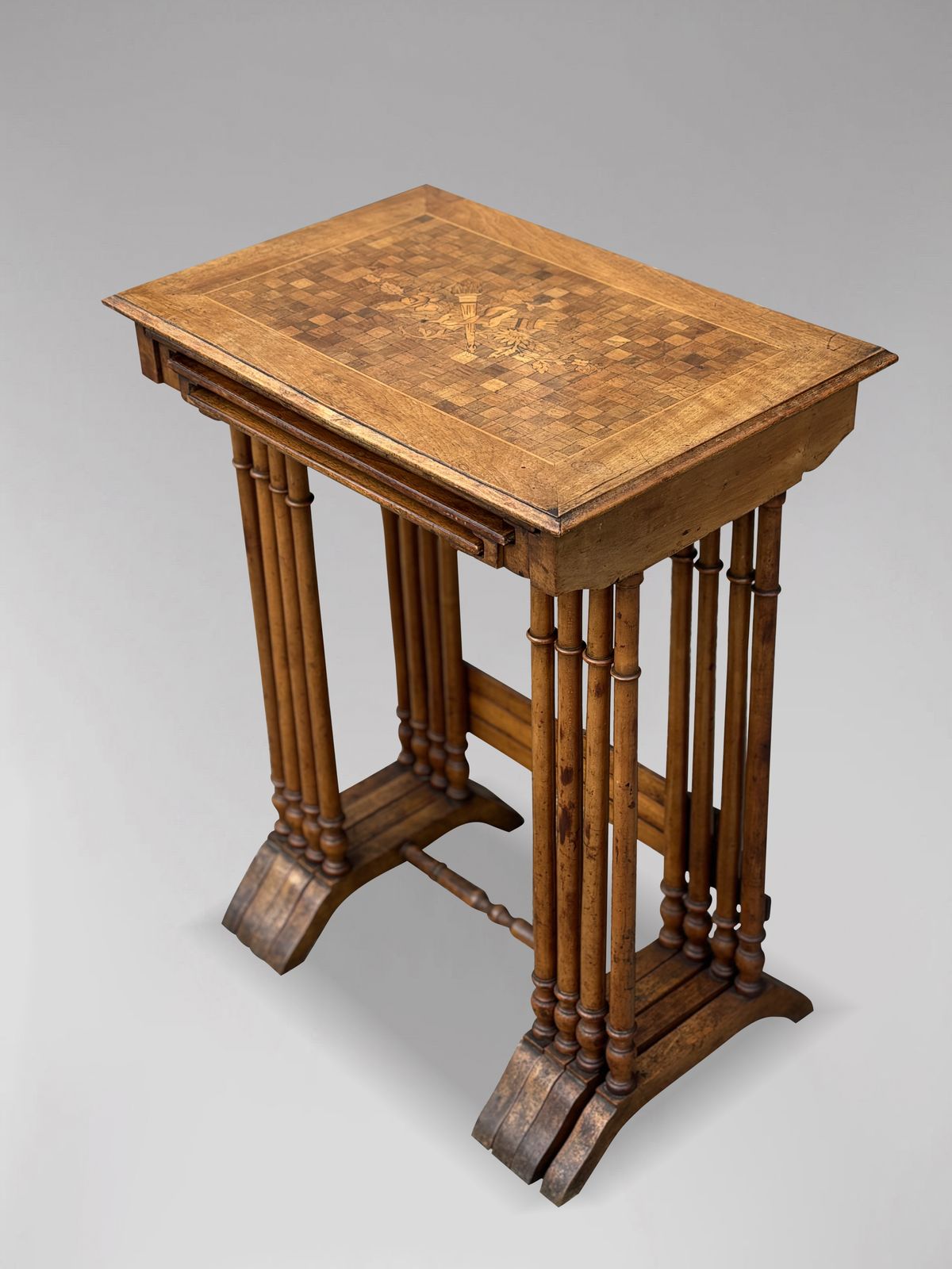 Antique French Walnut Parquetry & Floral Inlay Nest Of Four Tables photo Furniture