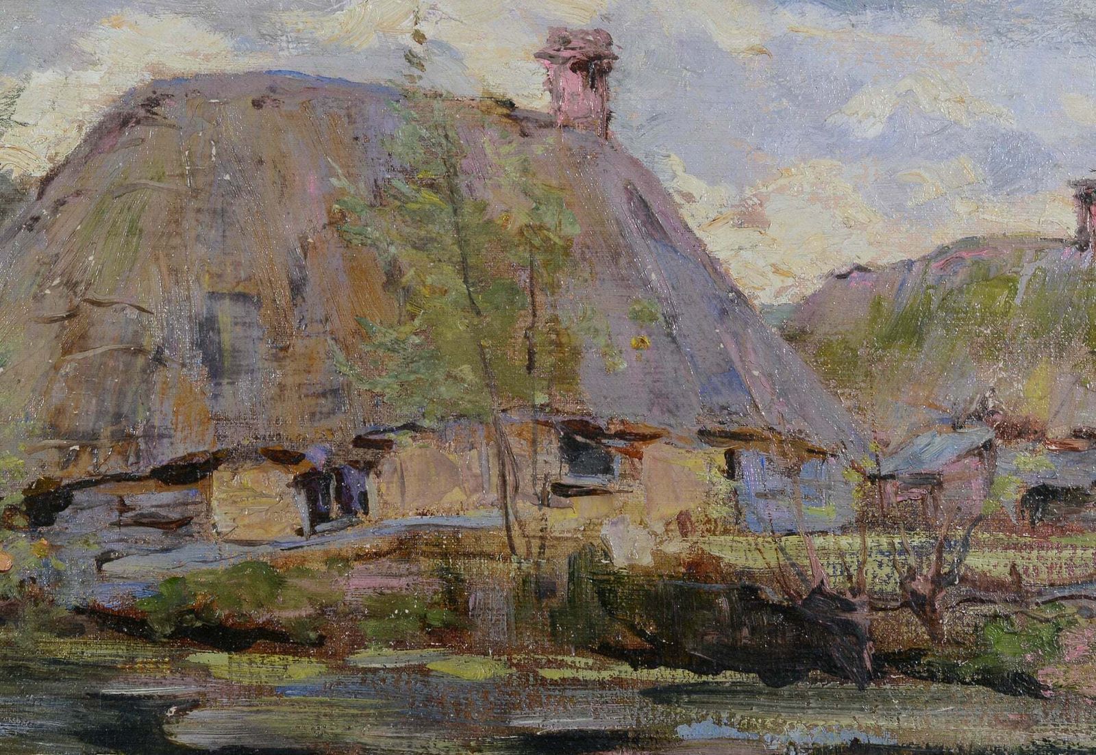 Impressionistisch Olieverfschilderij Van Een Rieten Huisje Aan Een Beek photo furniture