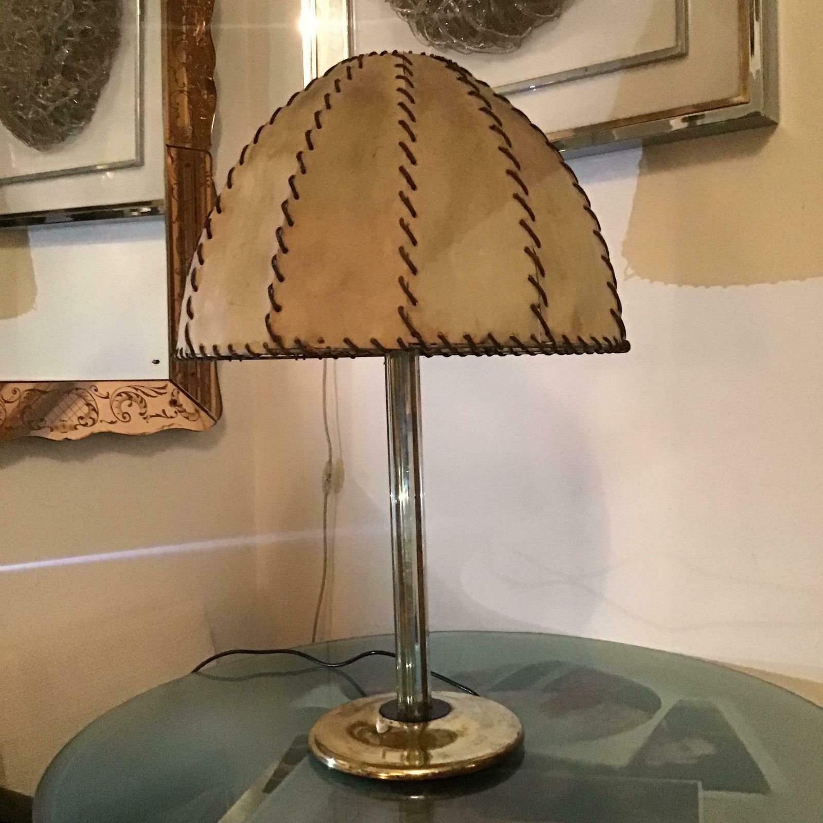 photo furniture Fontana Arte Max Ingrand Table Lamp Brass Glass Wood Lampshade 1940 Italy