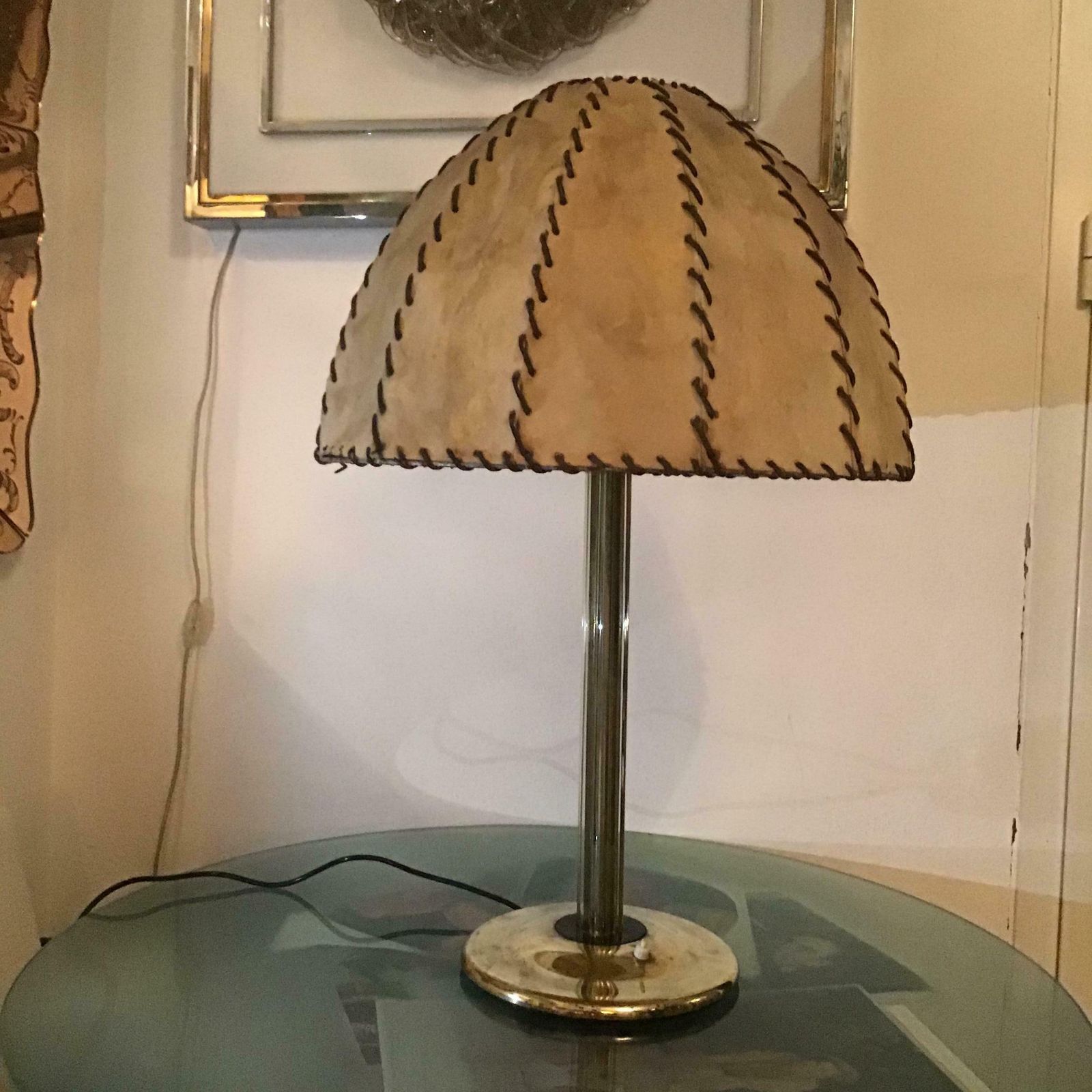 photo vintage Fontana Arte Max Ingrand Table Lamp Brass Glass Wood Lampshade 1940 Italy