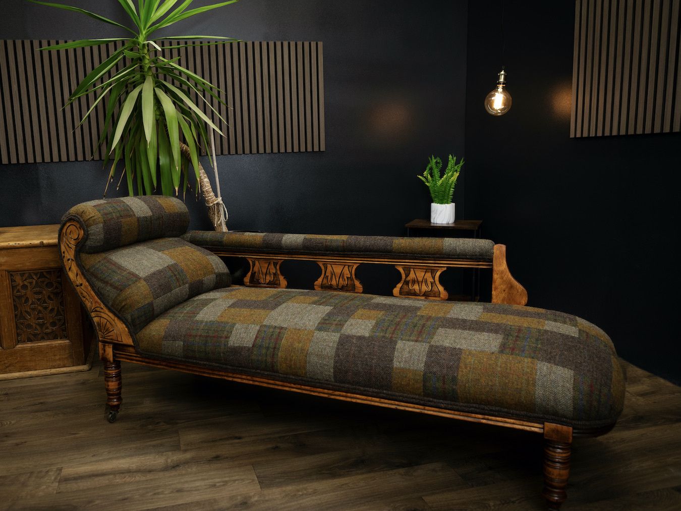 Antique Mahogany Chaise Lounge Upholstered In Handcrafted Harris Tweed Patchwork photo furniture