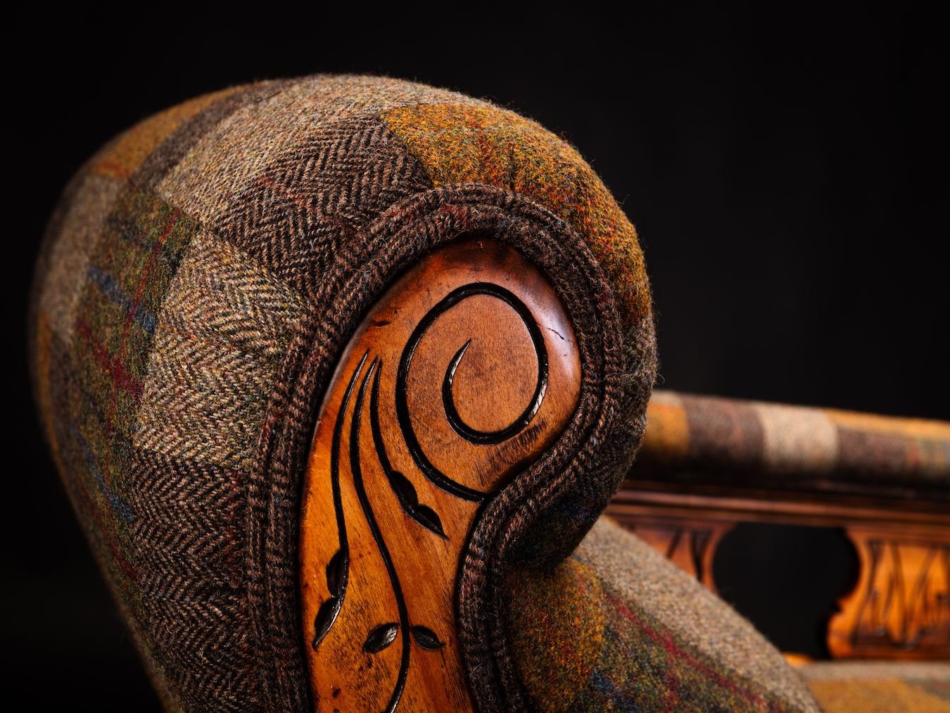 photo for sale Antique Mahogany Chaise Lounge Upholstered In Handcrafted Harris Tweed Patchwork