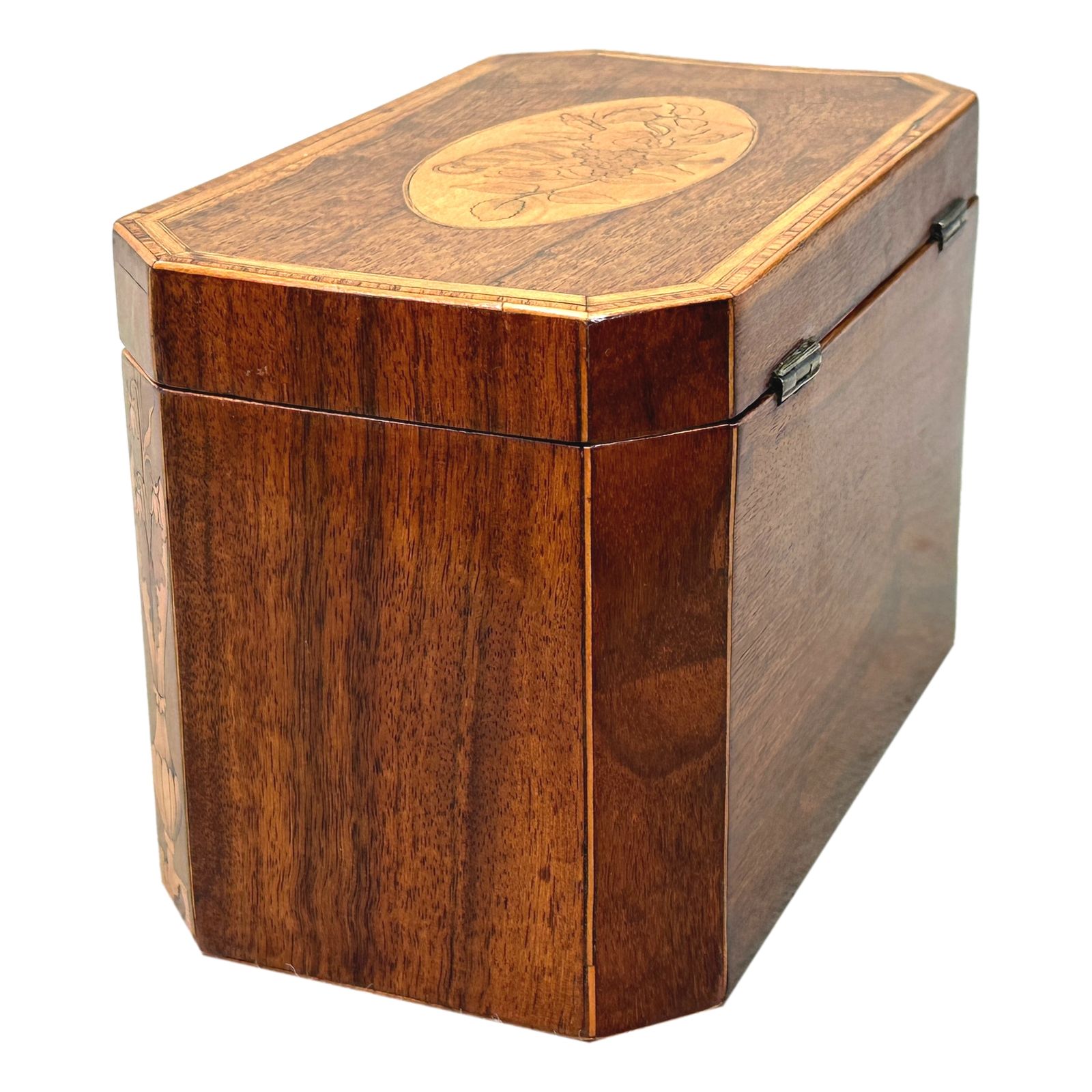 Georgian Mahogany Tea Caddy With Floral Inlaid Decoration (England, Circa 1780) photo for sale