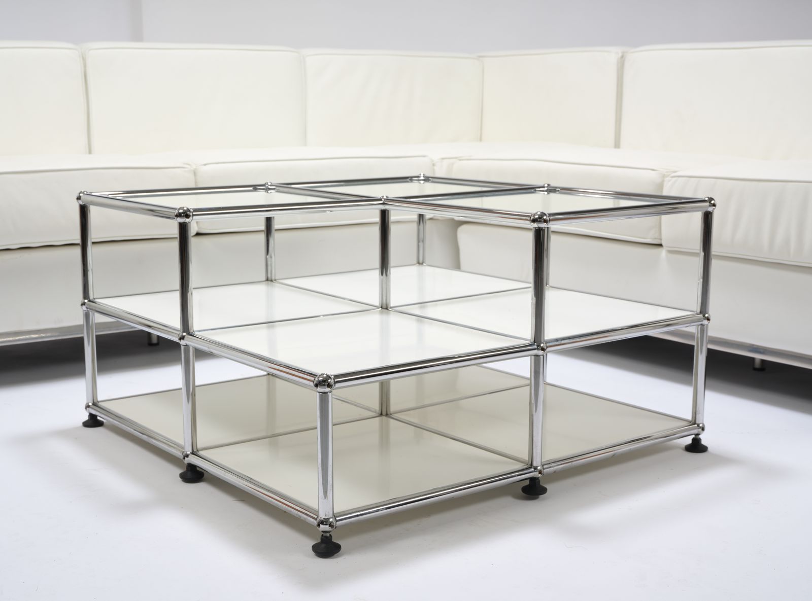 photo for sale Beautiful White Leather & Chrome Tubular Steel ‘L’ Shaped Mcm Sofa In The Manner Of Le Corbusier, France Circa 2000