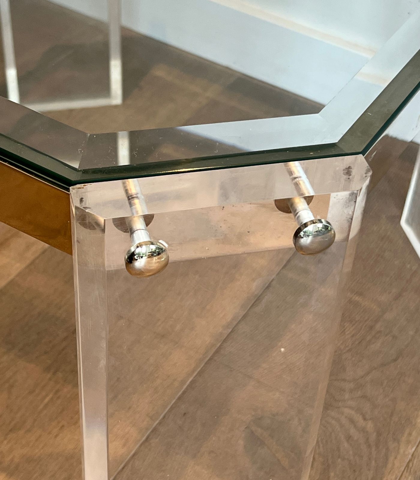 photo for sale Pair Of Octagonal Plexiglass And Chrome Sofa End Tables From Maison Jansen