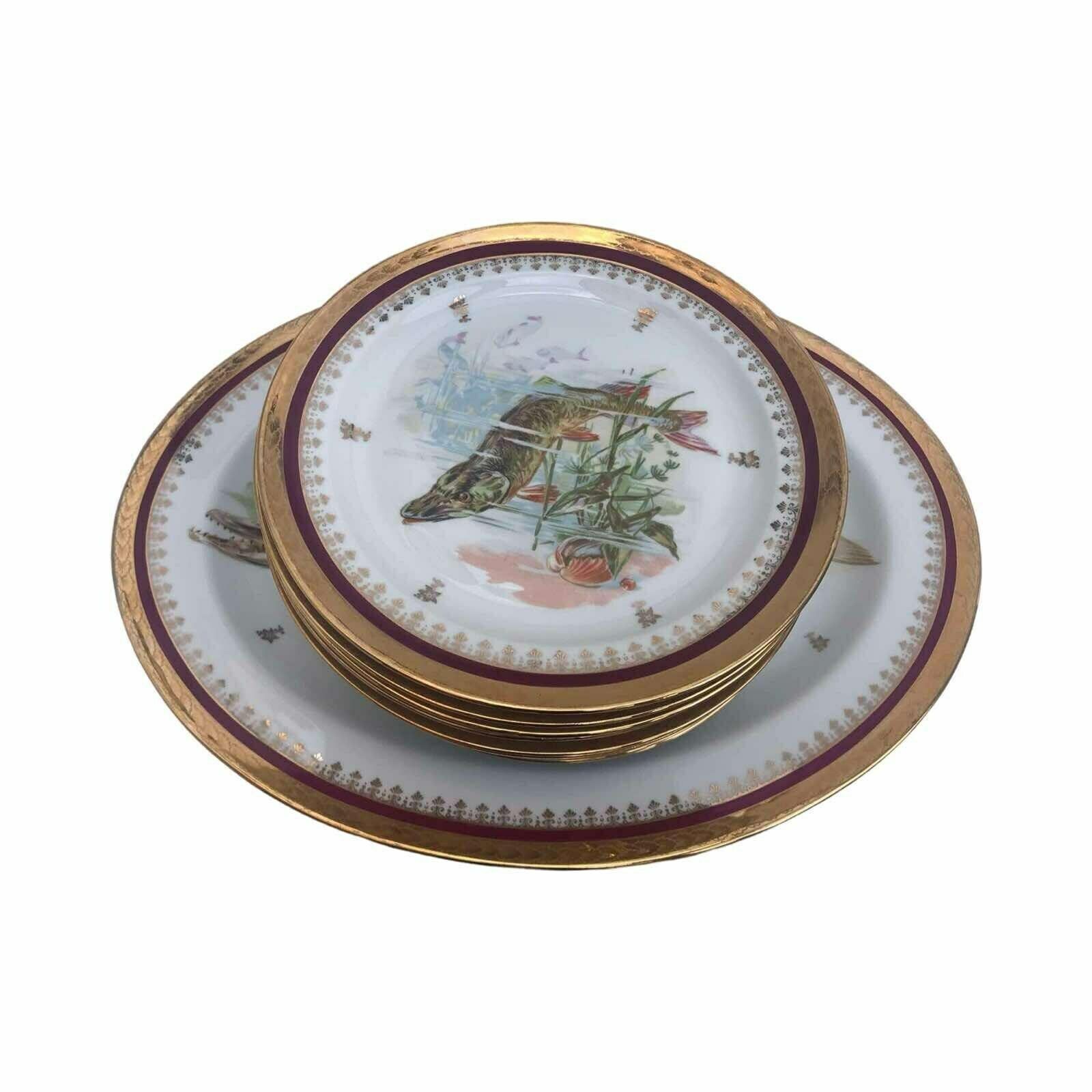 Dinnerware Porcelaine Limoges Set Fish Entrée Service Set 10 Plates And 1 Oval Serving Plate Made Of Limoges Porcelain Seafood Dinner Plates photo for sale