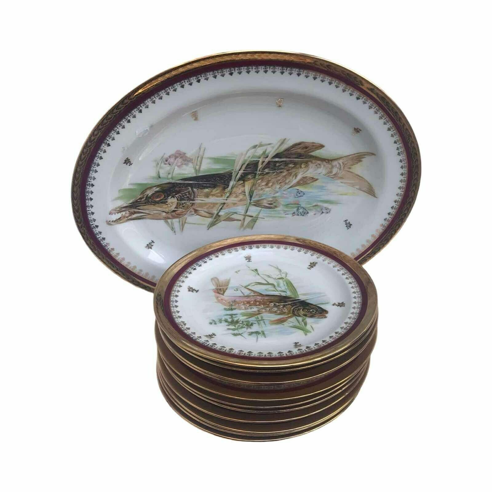 Dinnerware Porcelaine Limoges Set Fish Entrée Service Set 10 Plates And 1 Oval Serving Plate Made Of Limoges Porcelain Seafood Dinner Plates photo 465.0