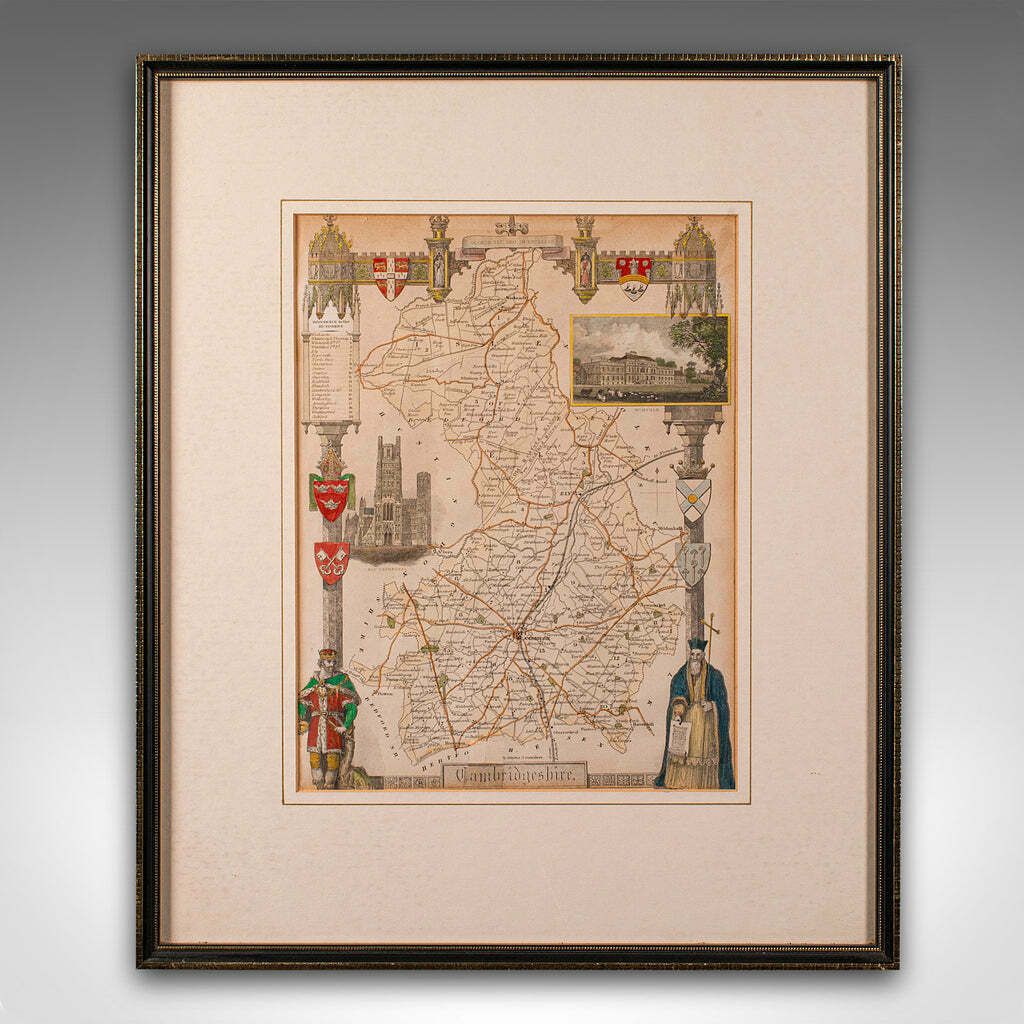 Antique Lithography Map, Cambridgeshire, English, Framed Cartography, Victorian photo furniture
