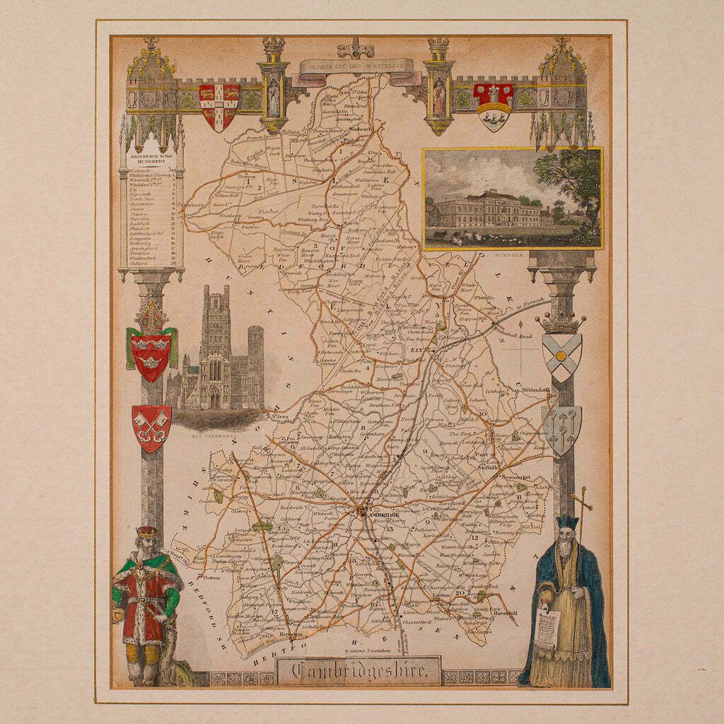 Antique Lithography Map, Cambridgeshire, English, Framed Cartography, Victorian photo Art
