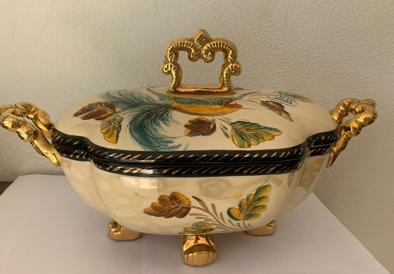 Vintage Hand Painted Bowl With Lid | H. Bequet | Quaregnon | Made In Belgium | Bird Of Paradise