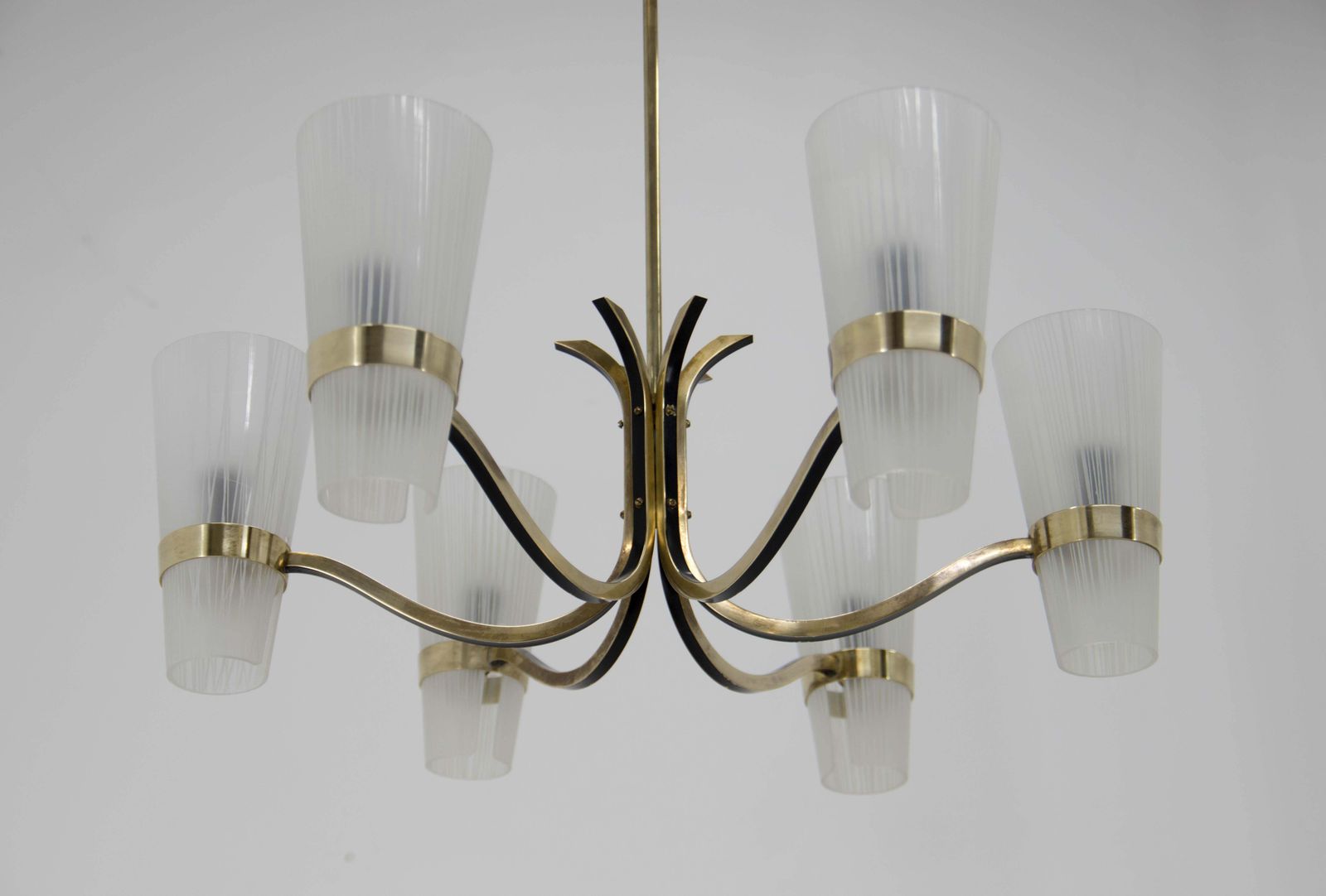 photo for sale Brass And Glass Chandelier In Lyfa Style, Denmark, 1970s