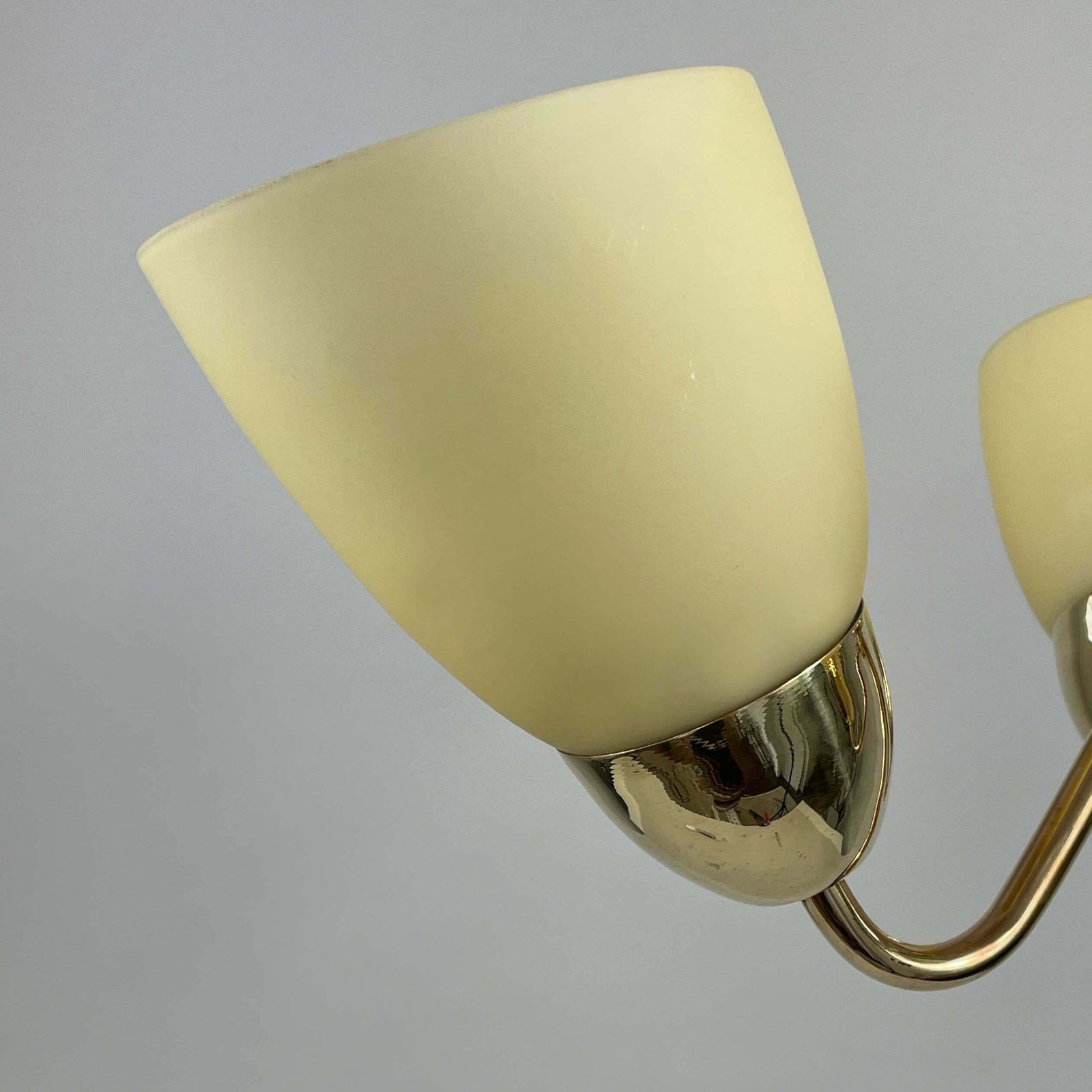 photo furniture Hans Bergström Brass & Opaline Glass Three Arm Chandelier, Asea, Sweden 1950s