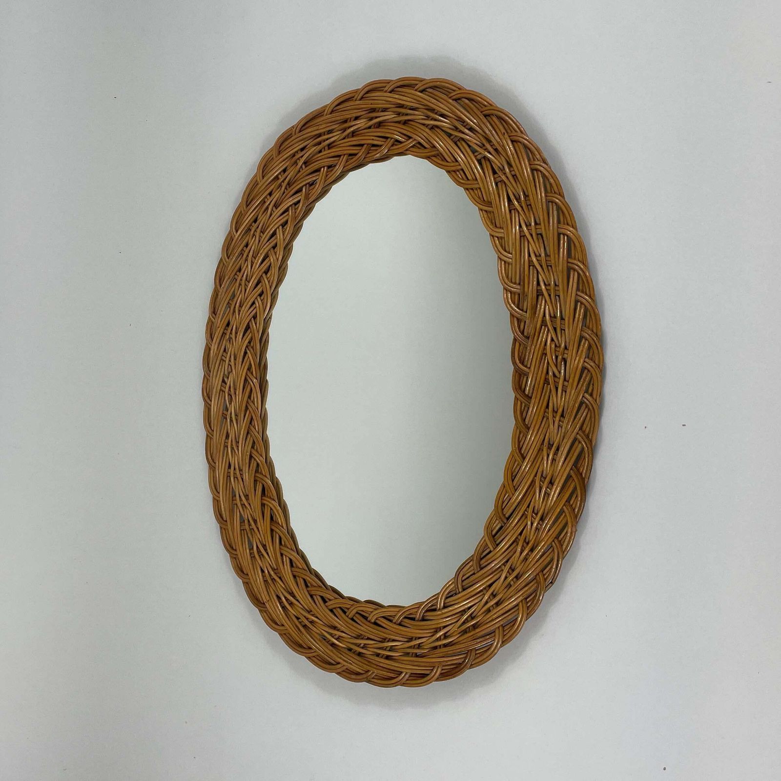 French Riviera Rattan Oval Wall Mirror, France 1960s photo for sale