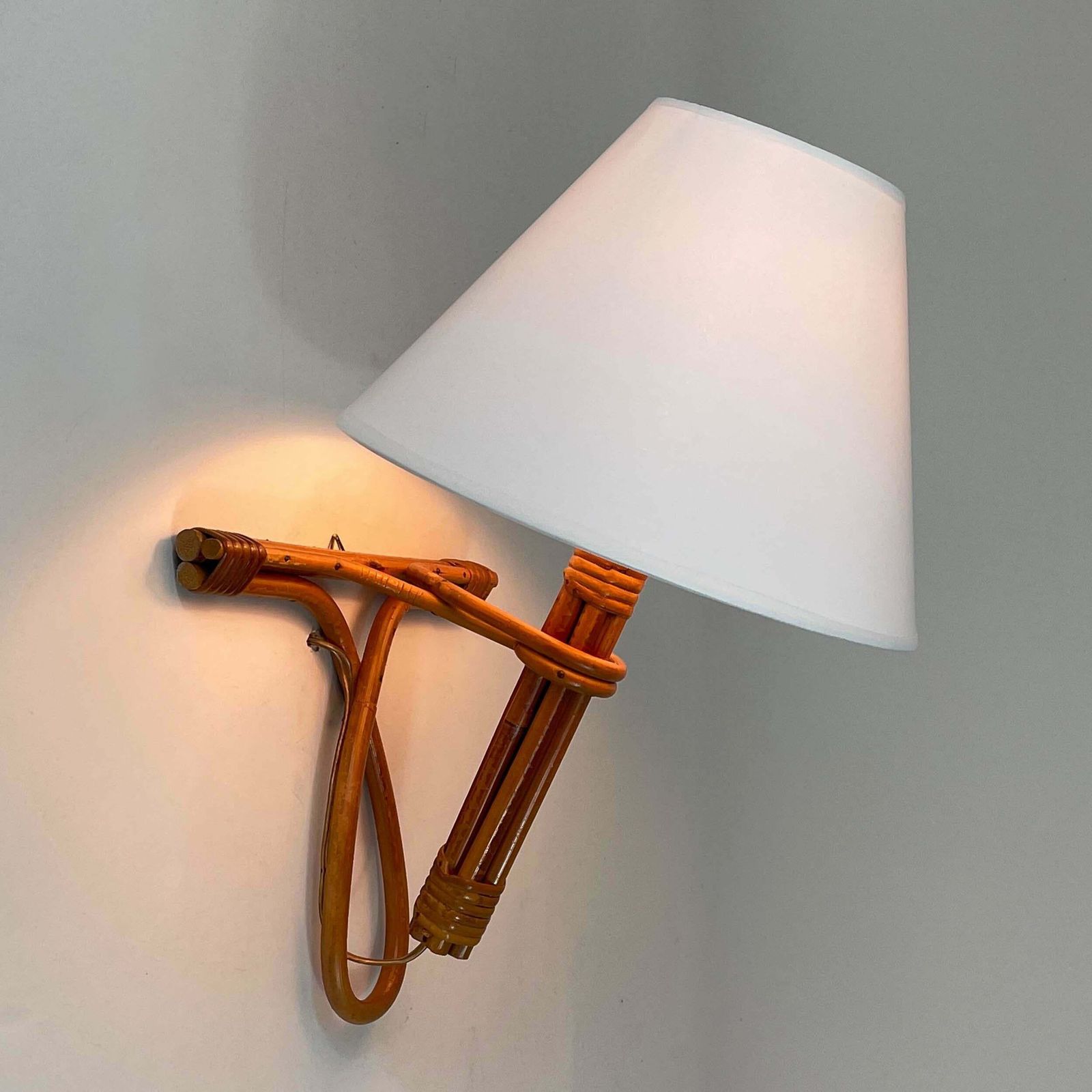 French Riviera Rattan Bamboo And Wicker Sconce, Louis Sognot, France 1960s photo for sale