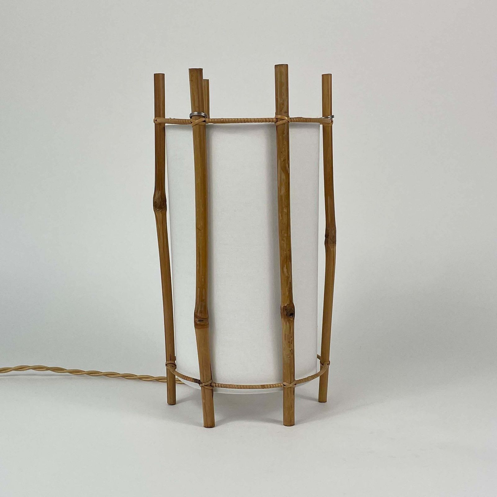 Bamboo & White Linen Table Lamp By Louis Sognot, France 1950s photo furniture